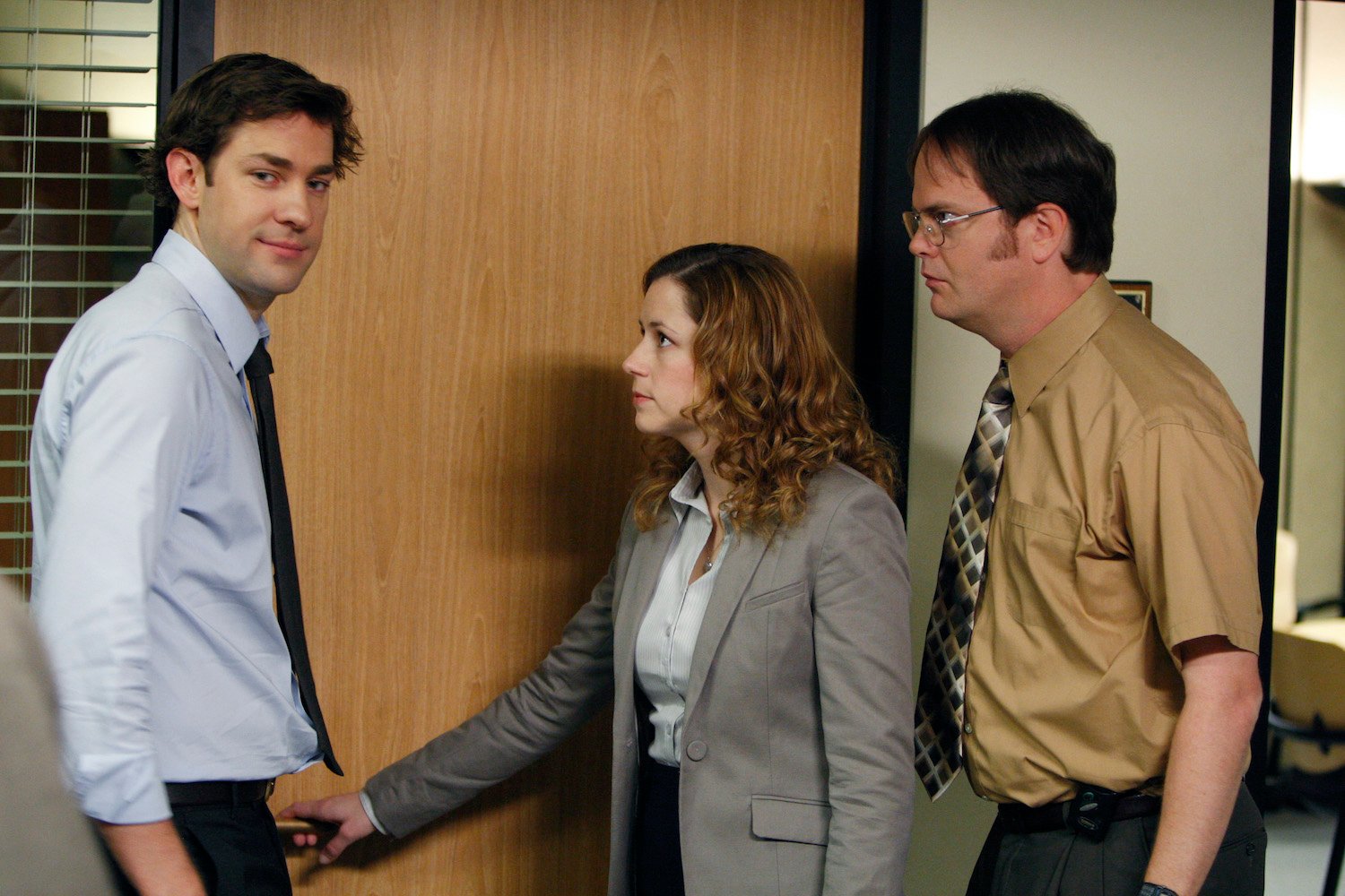 John Krasinski as Jim Halpert, Jenna Fischer as Pam Beesly, and Rainn Wilson as Dwight Schrute on 'The Office' 