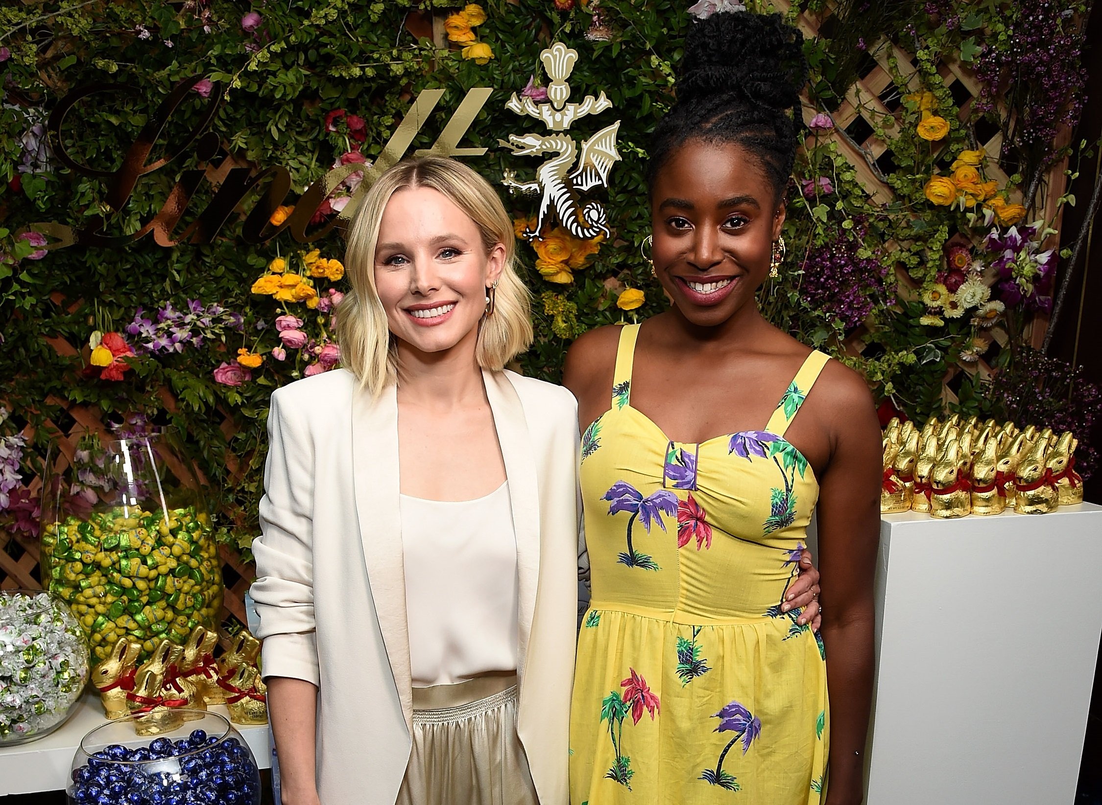 Kristen Bell (L) and Kirby Howell-Baptiste at a Lindt Chocolate Easter Luncheon with Kristen Bell and friends at Sunset Tower on April 1, 2019 in Los Angeles, California.