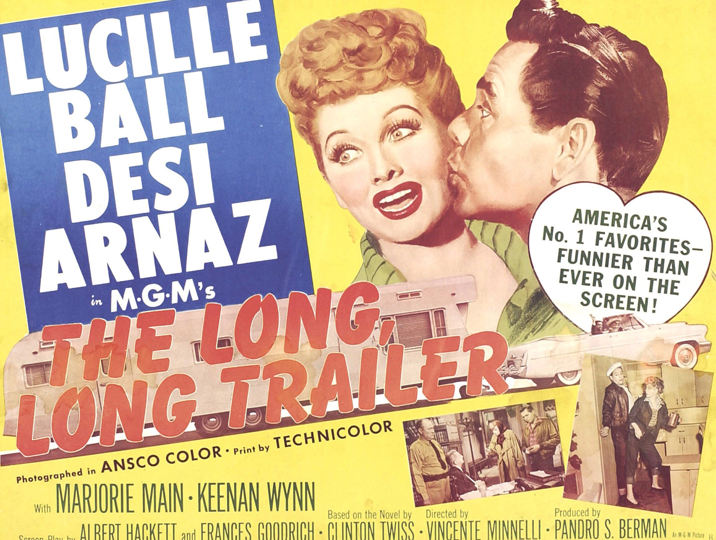 Desi Arnaz kissing Lucille Ball on a poster for The Long, Long Trailer