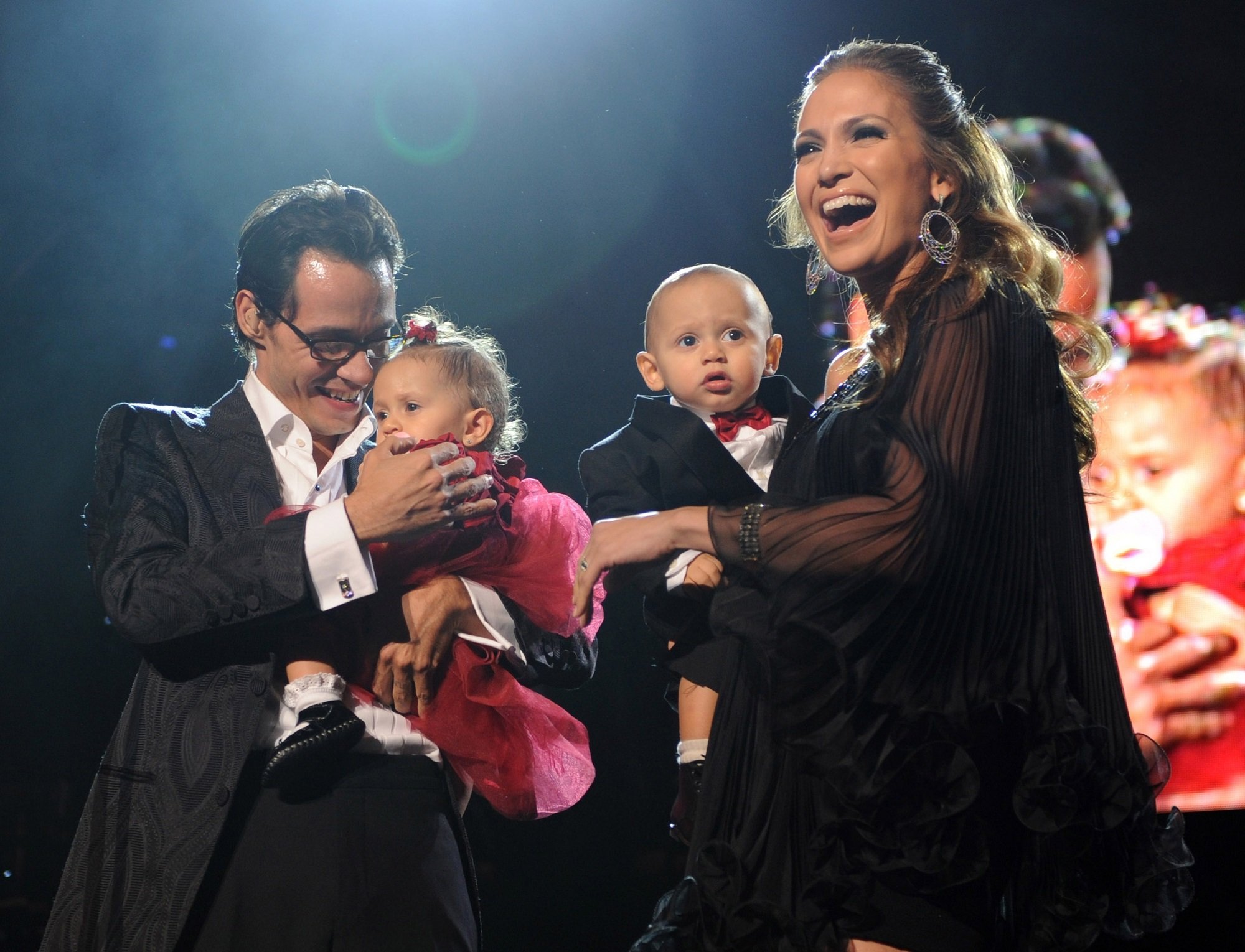 Marc Anthony, Jennifer Lopez and their kids Max and Emme on stage before he performs Valentine's Day show at Madison Square Garden on February 14, 2009 in New York City.