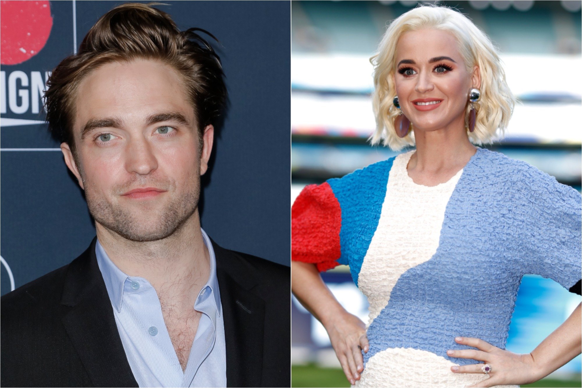 (L) Robert Pattinson at the Go Campaign's 13th Annual Go Gala at NeueHouse Hollywood on Nov. 16, 2019 / (R) Katy Perry at the 2020 ICC Women's T20 World Cup Media Opportunity at Melbourne Cricket Ground on March 07, 2020.