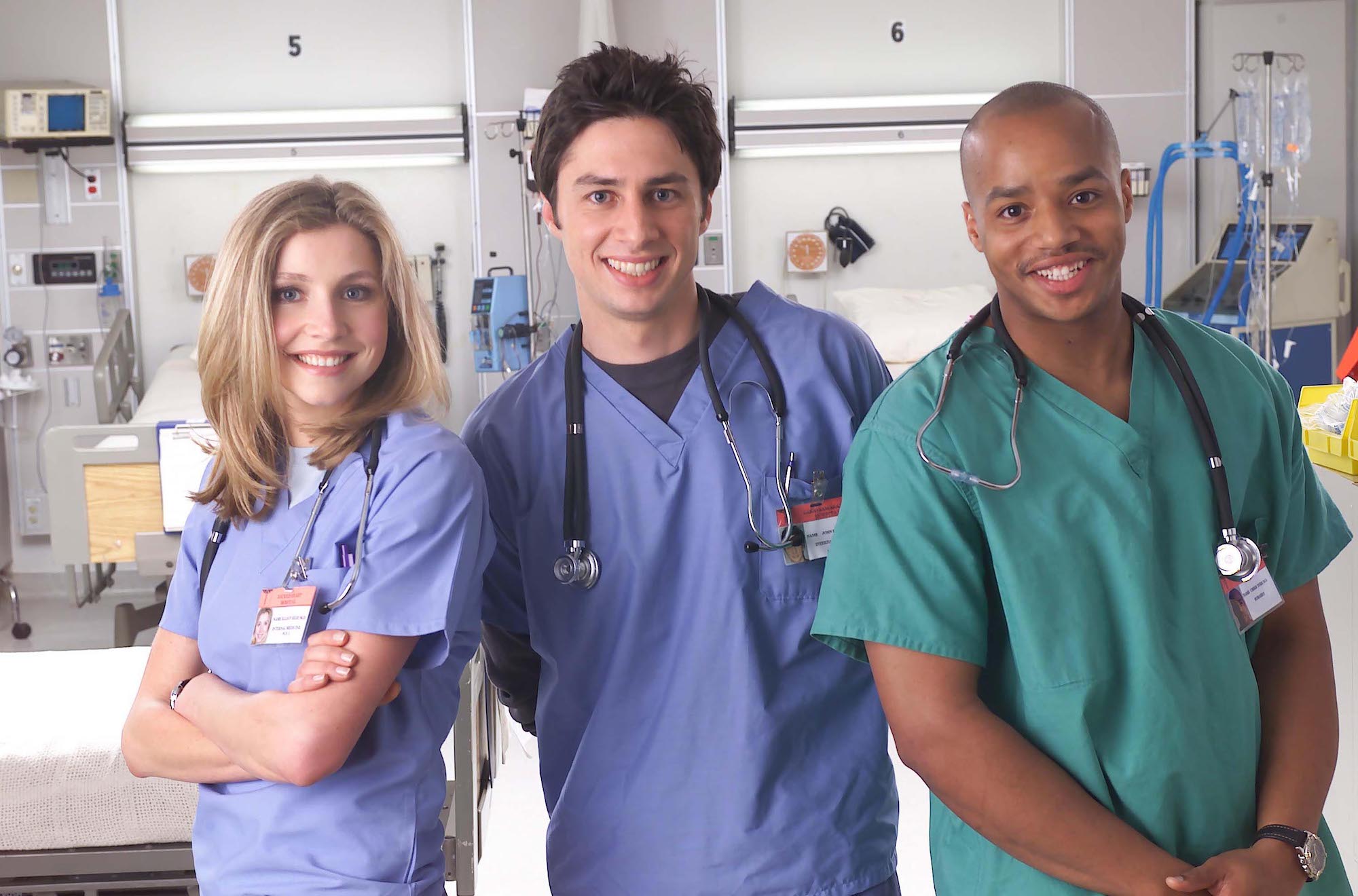 Actors Sarah Chalke, Zach Braff, and Donald Faison