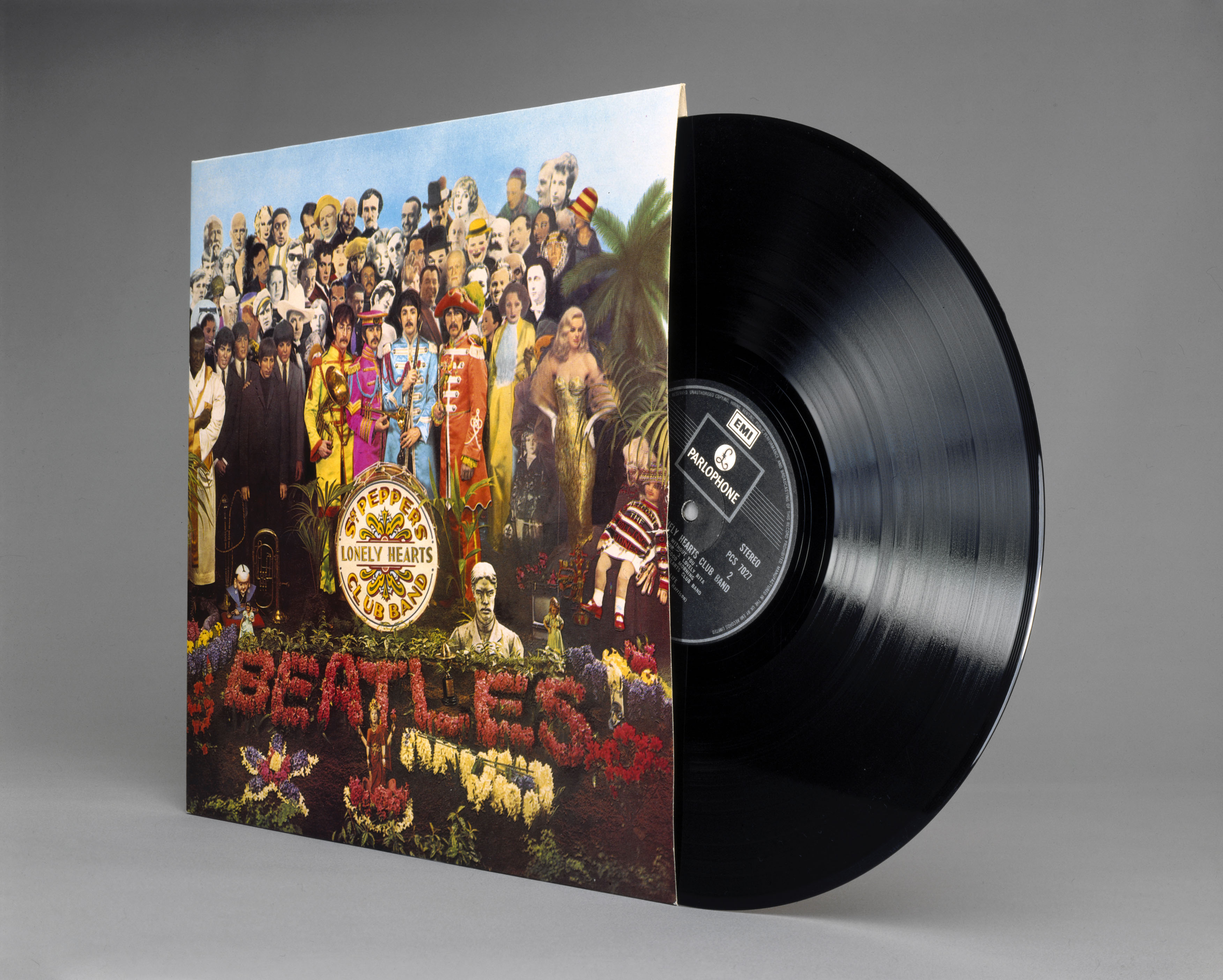 A vinyl of Sgt. Pepper's Lonely Hearts Club Band partially out of its sleeve