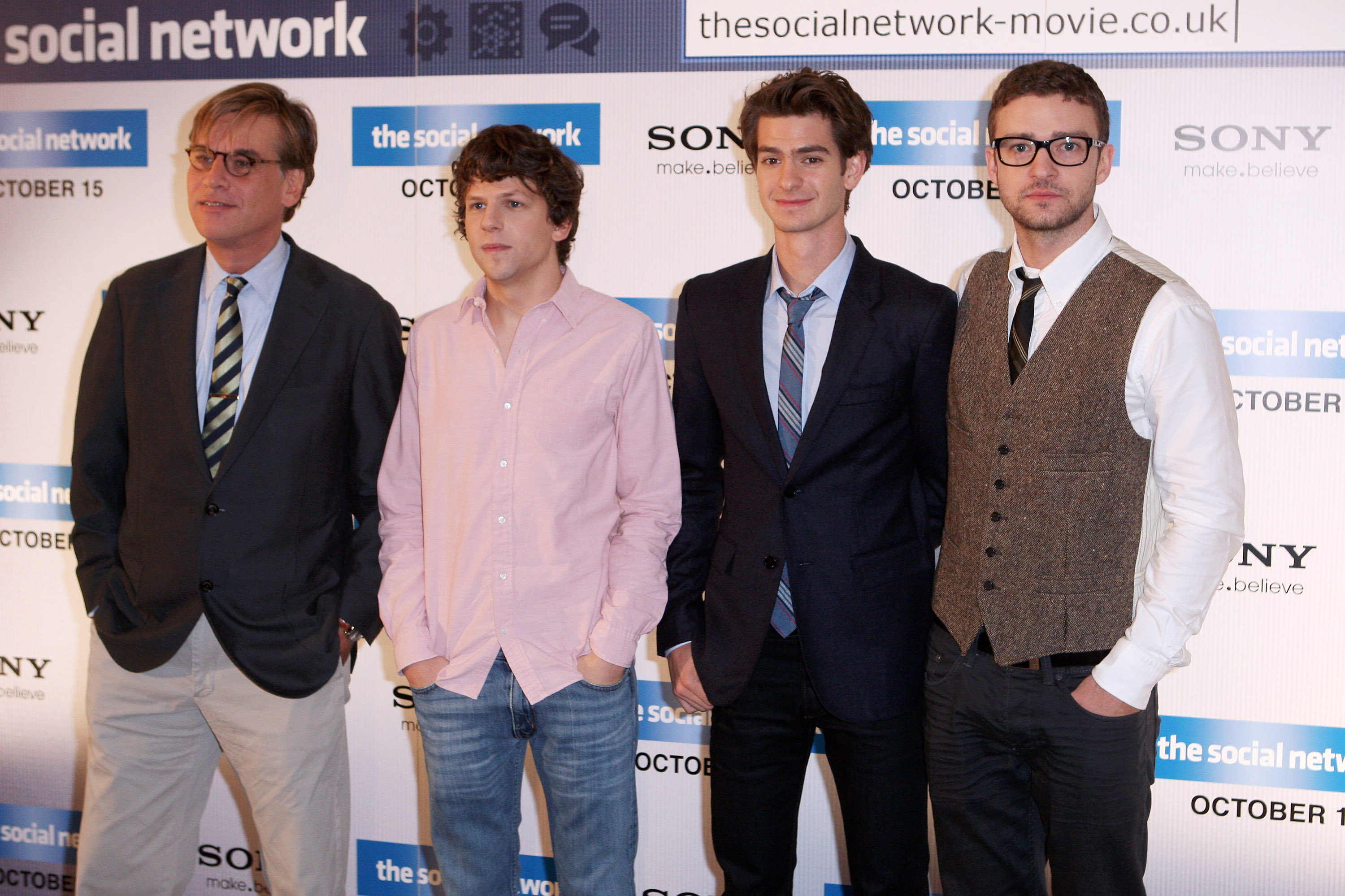 Aaron Sorkin, Jesse Eisenberg, Andrew Garfield, and Justin Timberlake at a photocall for 'The Social Network'