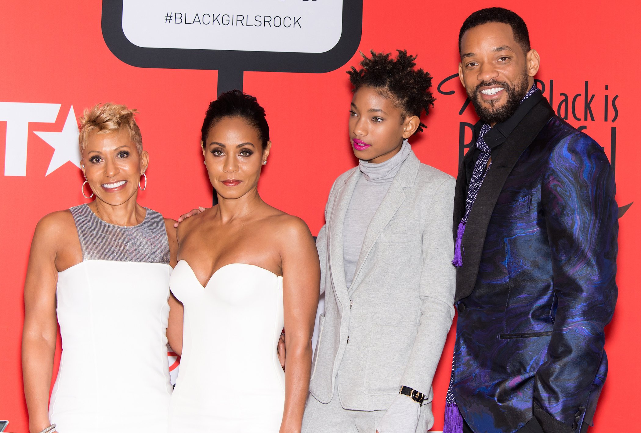 (L-R) Adrienne Banfield-Jones, Jada Pinkett Smith, Willow Smith, and Will Smith attend the BET's 'Black Girls Rock!' Red Carpet