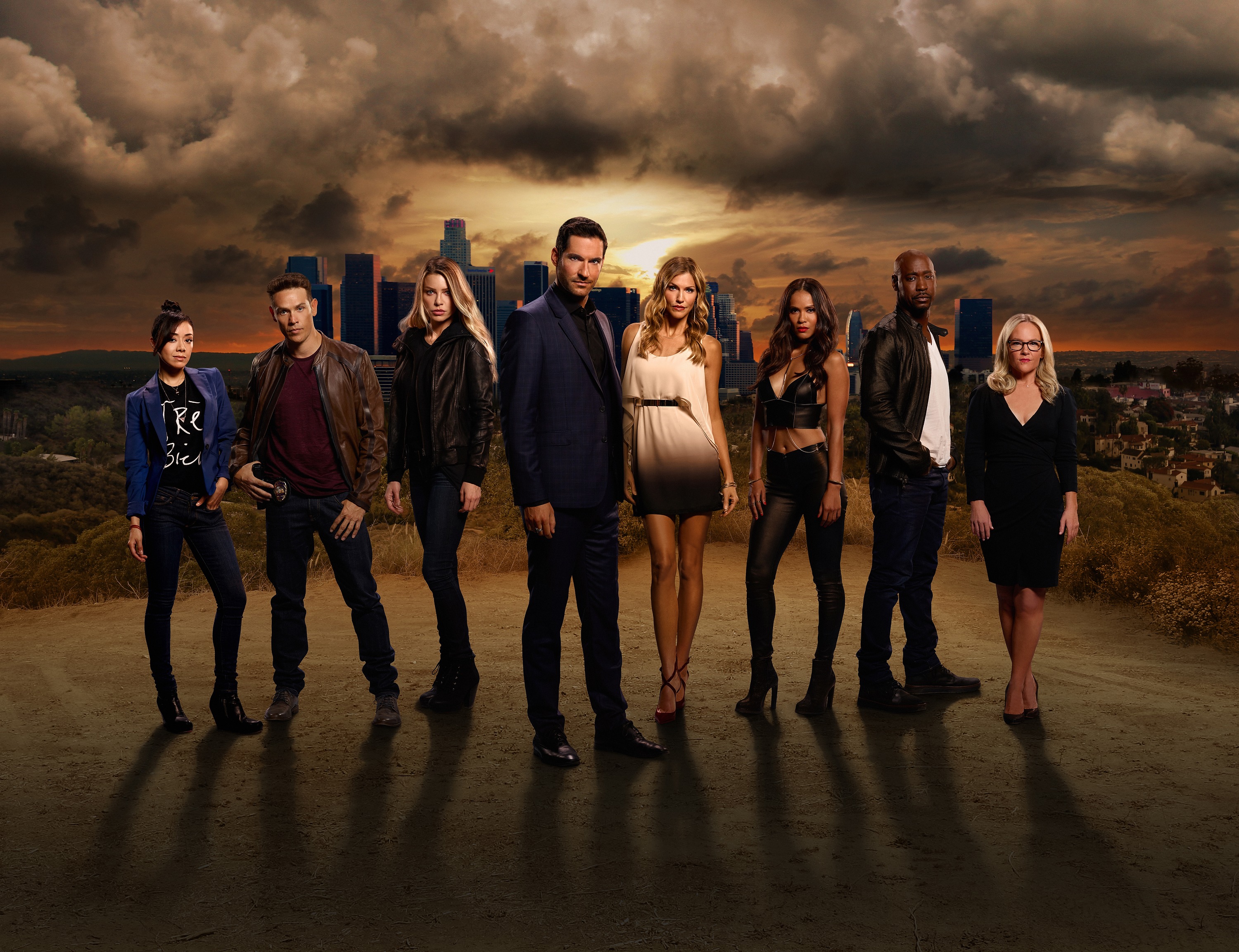 Aimee Garcia, Kevin Alejandro, Lauren German, Tom Ellis, Tricia Helfer, Lesley-Ann Brandt, DB Woodside and Rachael Harris of 'Lucifer'