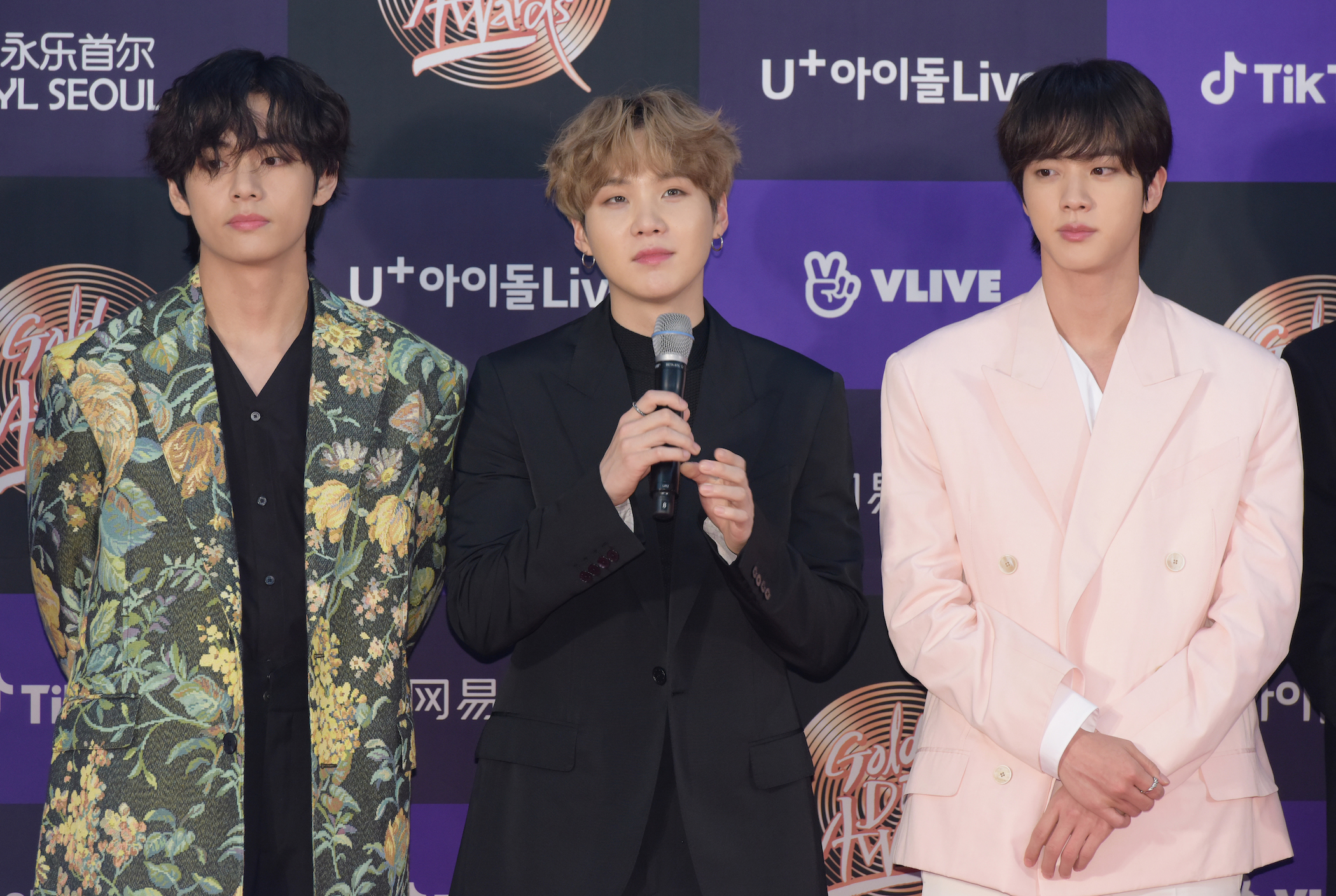 V, Suga, and Jin of the award-winning K-pop group, BTS, at the 34th Golden Disc Awards