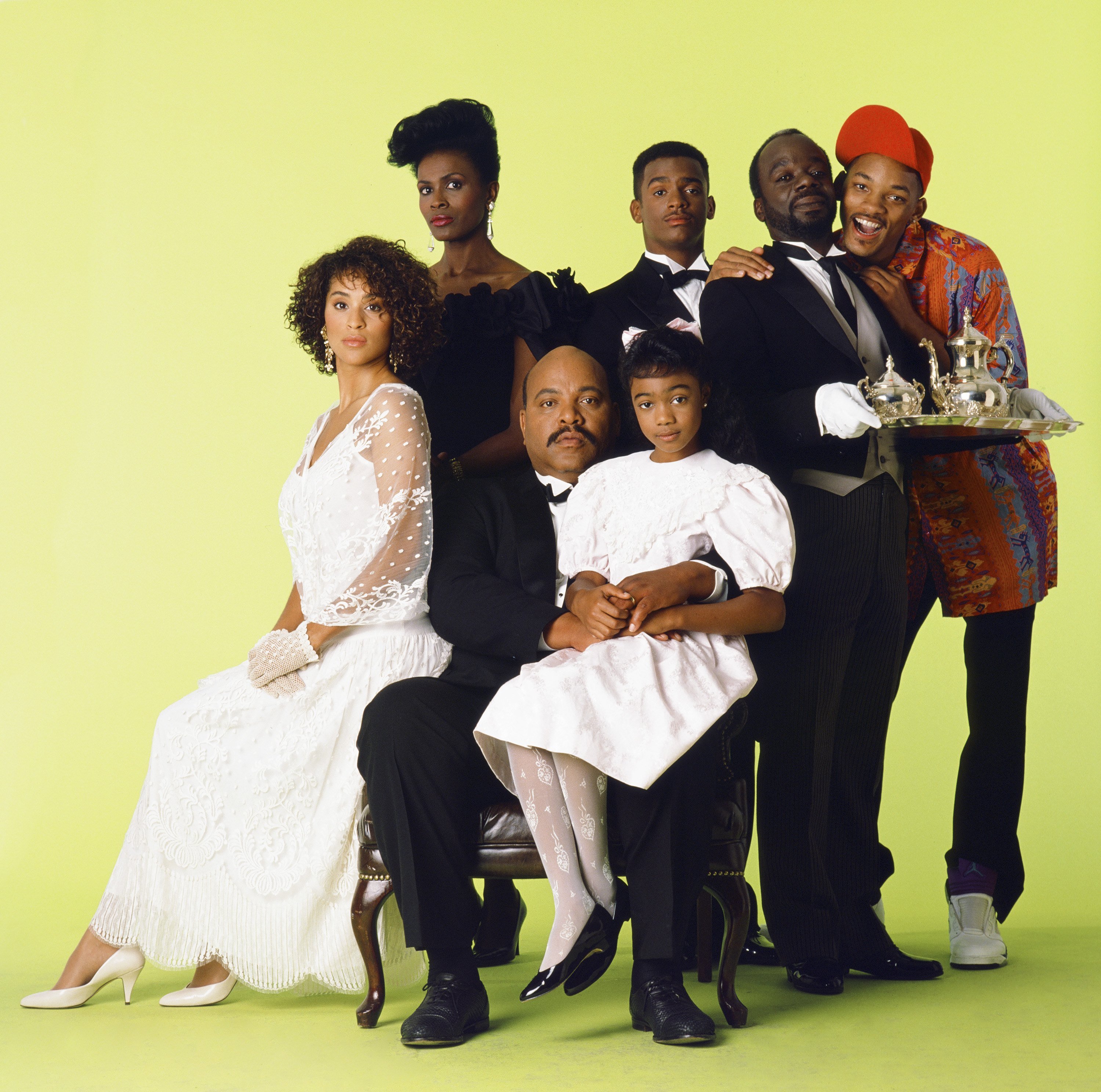 Karyn Parsons as Hilary Banks,  Janet Hubert as Vivian Banks, James Avery as Philip Banks, Tatyana Ali as Ashley Banks, Alfonso Ribeiro as Carlton Banks, Joseph Marcell as Geoffrey, Will Smith as William 'Will' Smith 