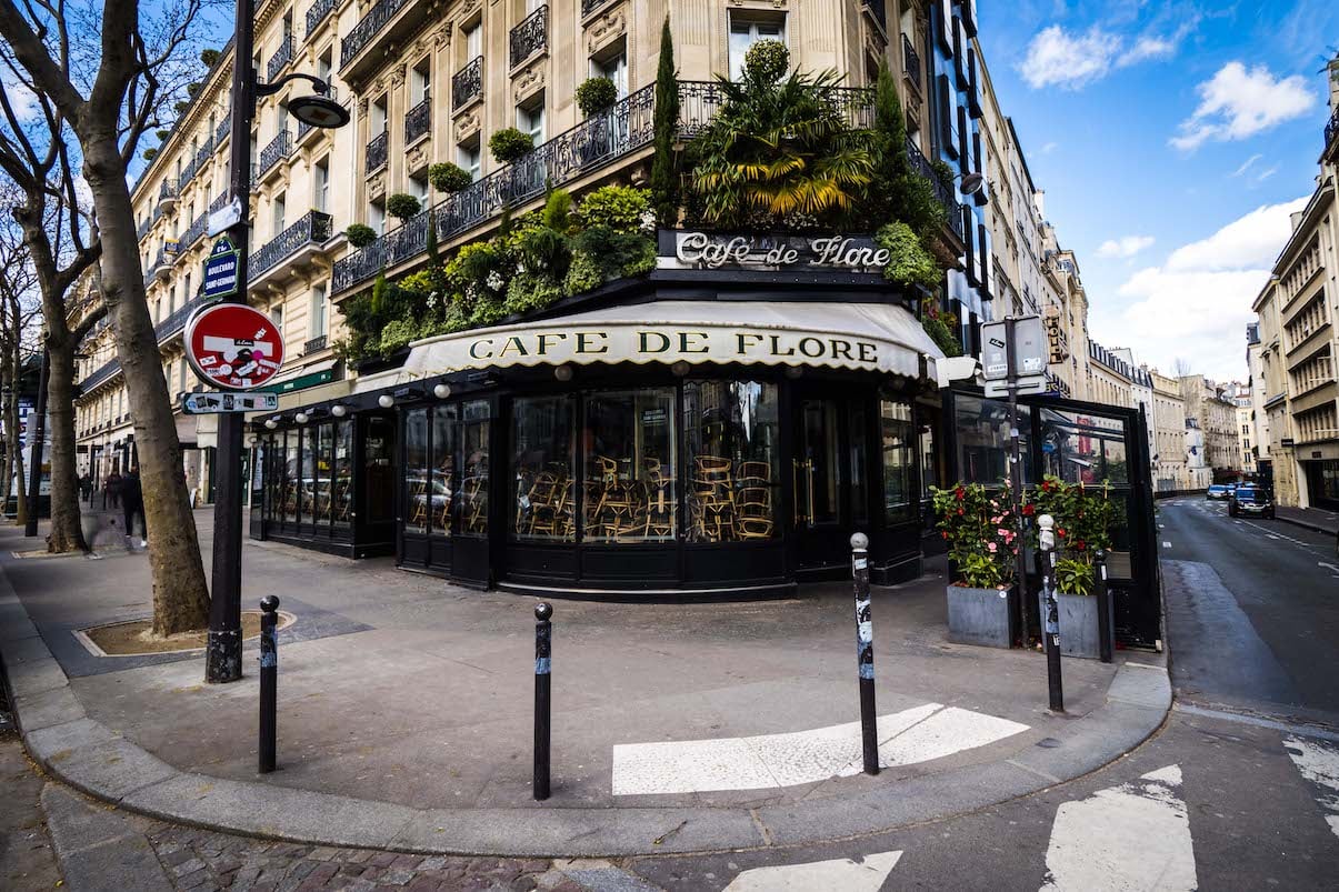 An exterior view of Cafe de Flore in Paris, France