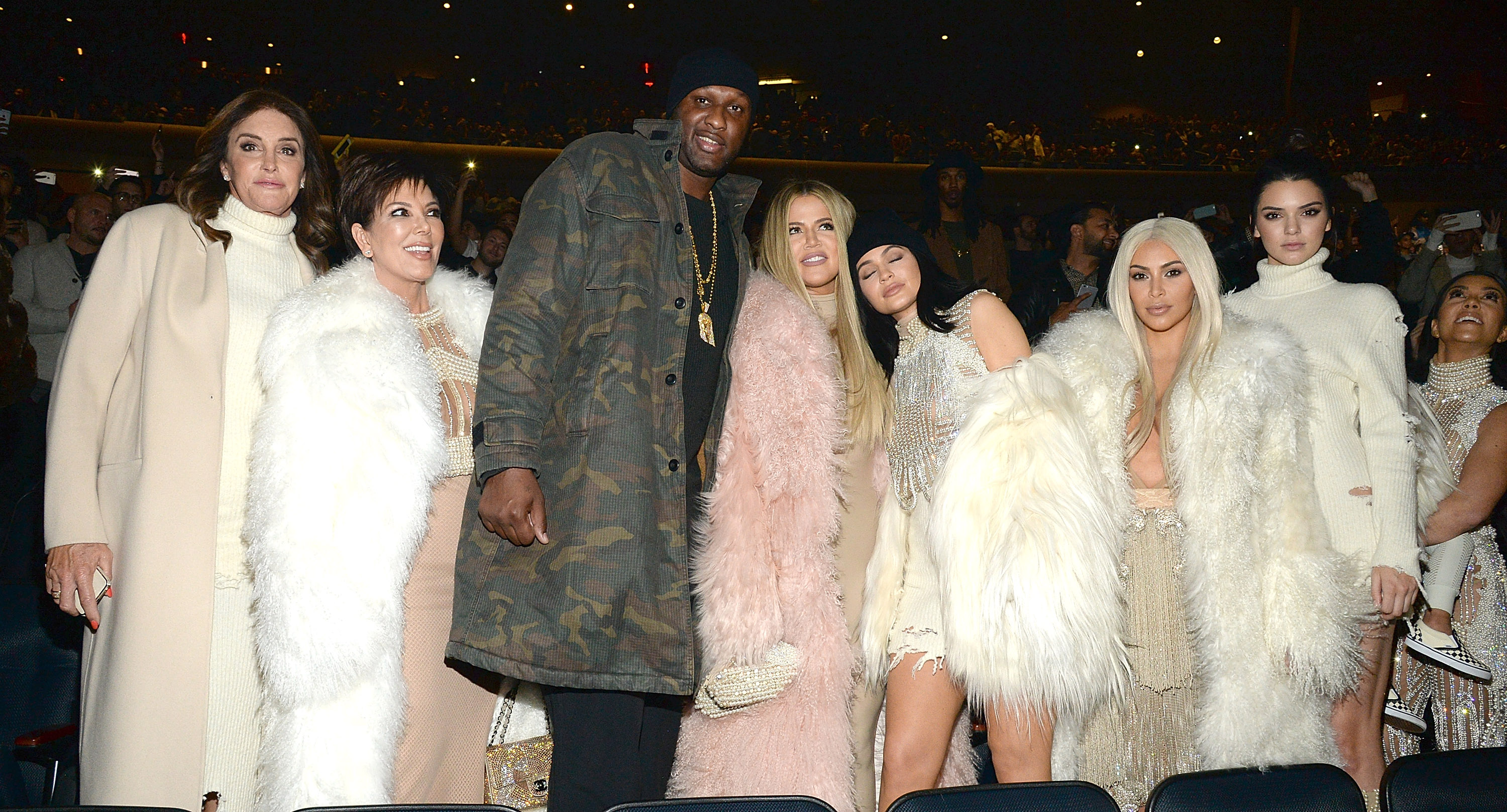 Caitlyn Jenner, Kris Jenner, Lamar Odom, Khloe Jenner, Kylie Jenner, Kim Kardashian West, Kendall Jenner, North West and Kourtney Kardashian attend Kanye West Yeezy Season 3 at Madison Square Garden on February 11, 2016 in New York City.