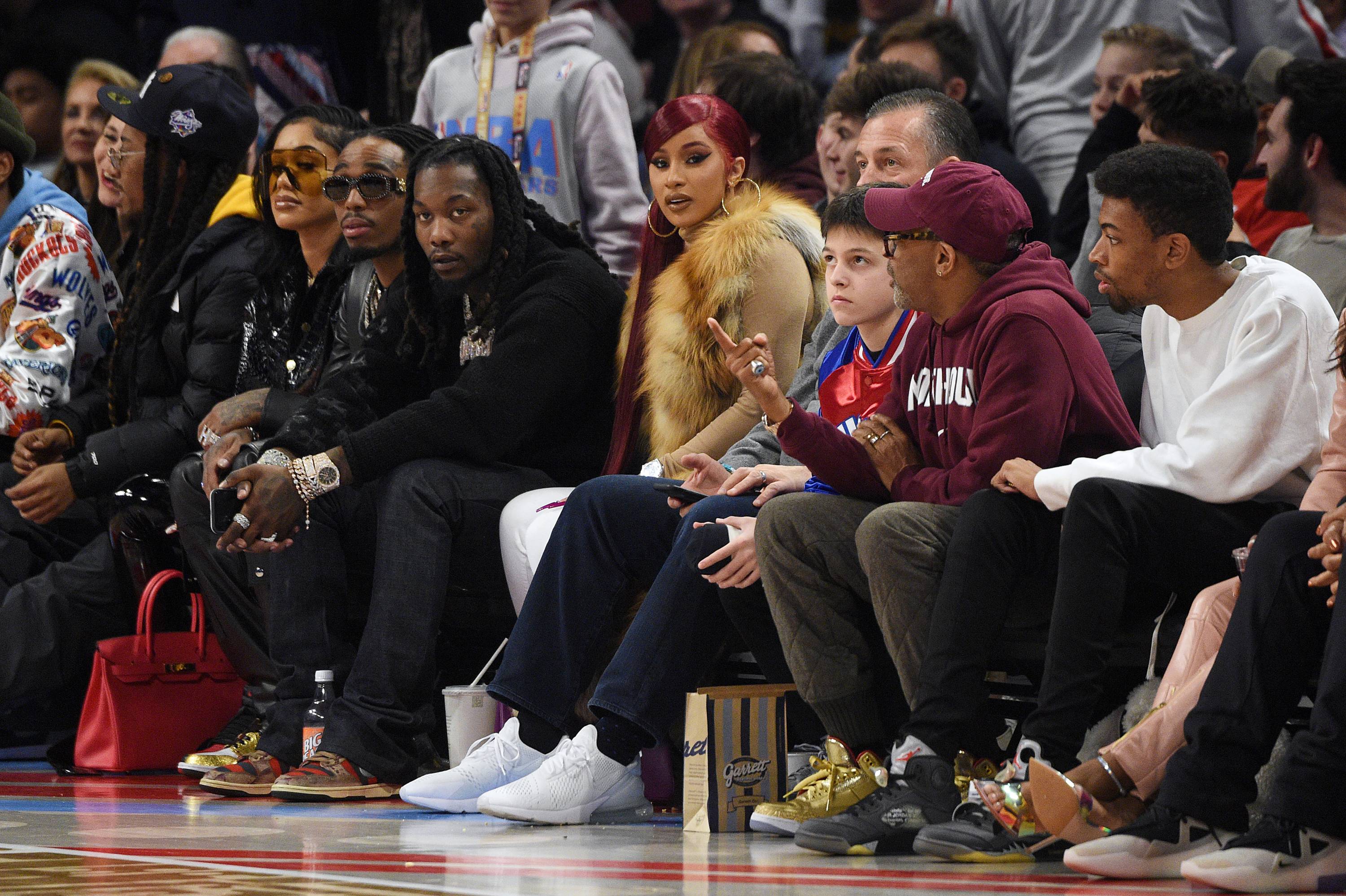 Quavo, Offset, and Cardi B and Saweetie attend the 69th NBA All-Star Game at United Center on February 16, 2020 in Chicago, Illinois.