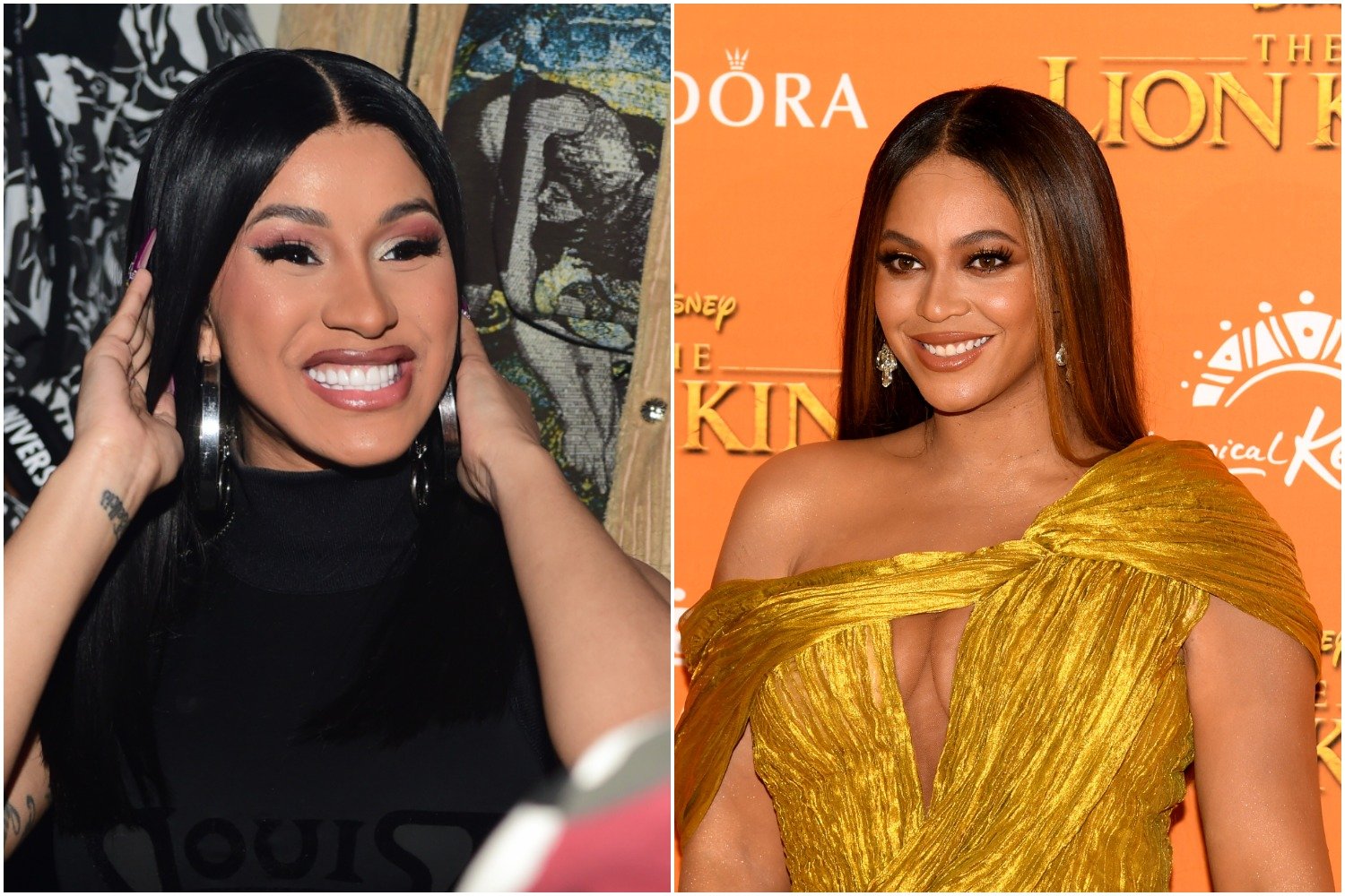 Cardi B attends Hawks vs Nets After Party at Gold Room on February 28, 2020 in Atlanta, Georgia./Beyonce Knowles-Carter attends the European Premiere of Disney's "The Lion King" at Odeon Luxe Leicester Square on July 14, 2019 in London, England.