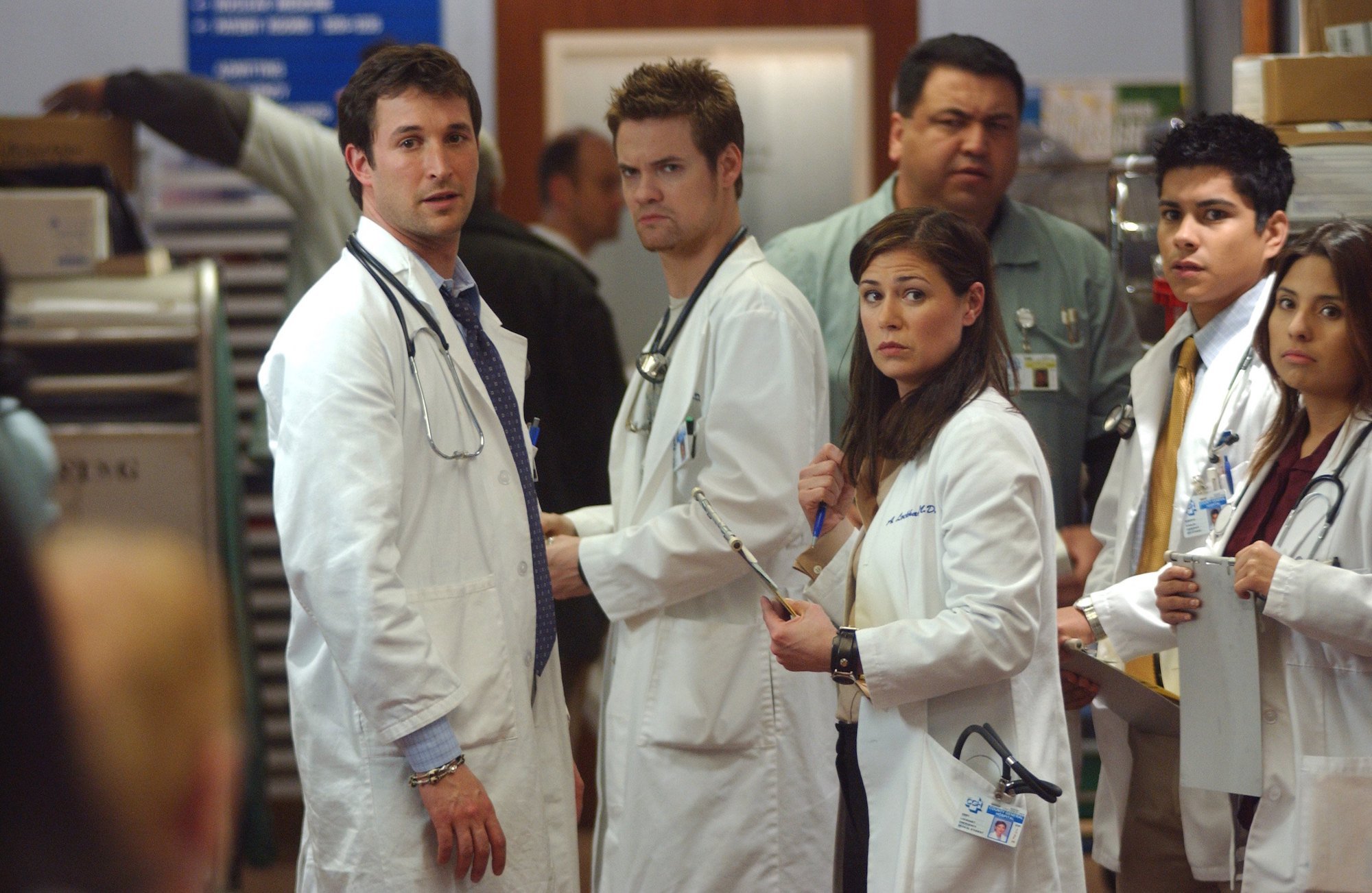 (L-R) Noah Wyle as Doctor John Carter, Shane West as Doctor Ray Barnett, Maura Tierney as Doctor Abby Lockhart, all looking confused and surprised