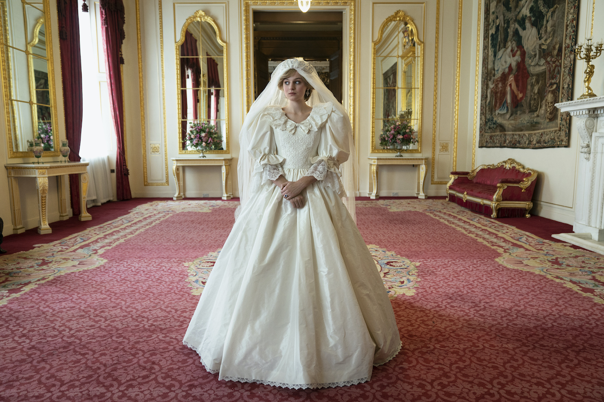 Emma Corrin as Princess Diana on her royal wedding day in a scene from 'The Crown'
