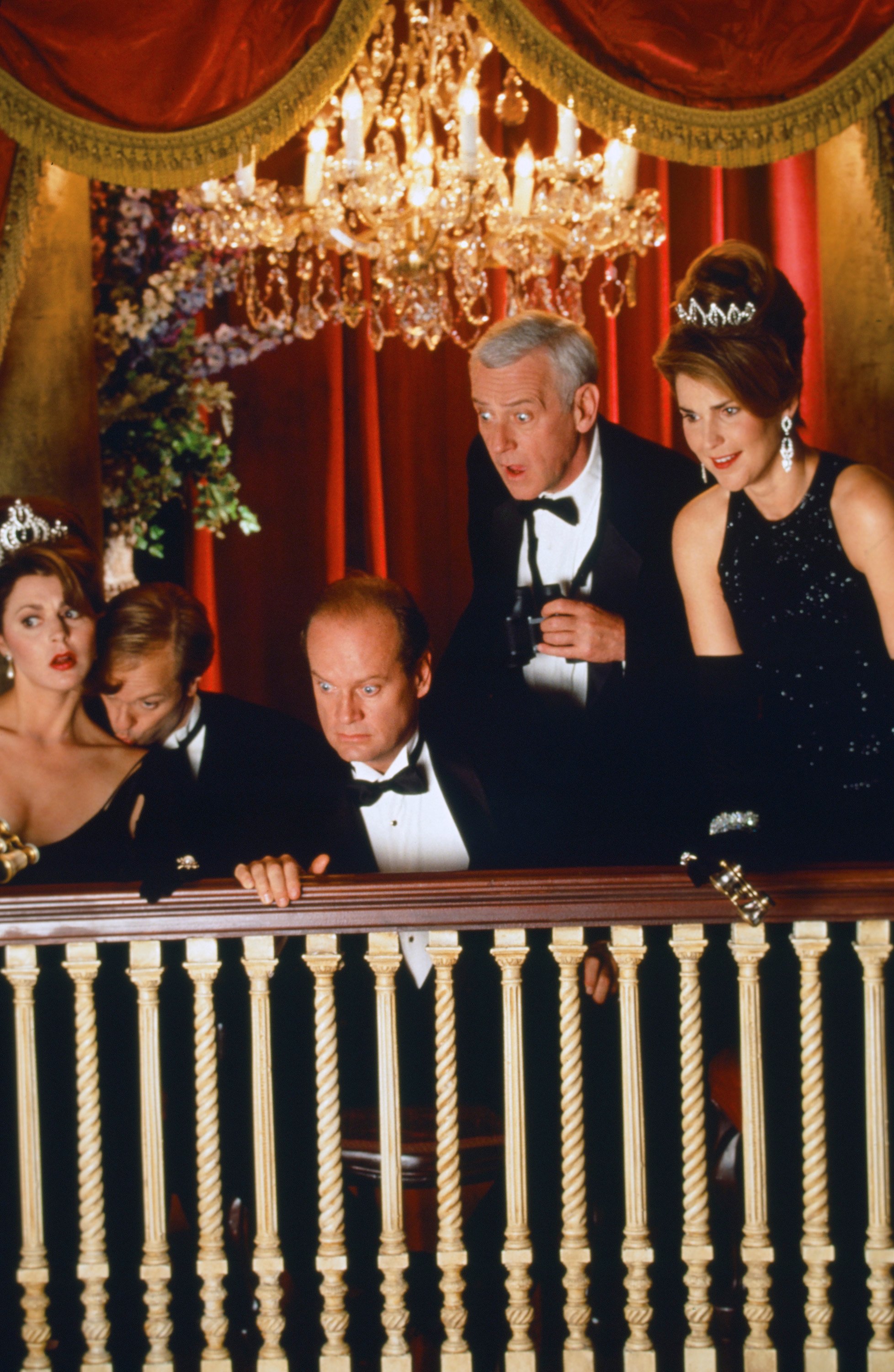 Jane Leeves as Daphne Moon, David Hyde Pierce as Doctor Niles Crane, Kelsey Grammer as Doctor Frasier Crane, John Mahoney as Martin Crane and Peri Gilpin as Roz Doyle