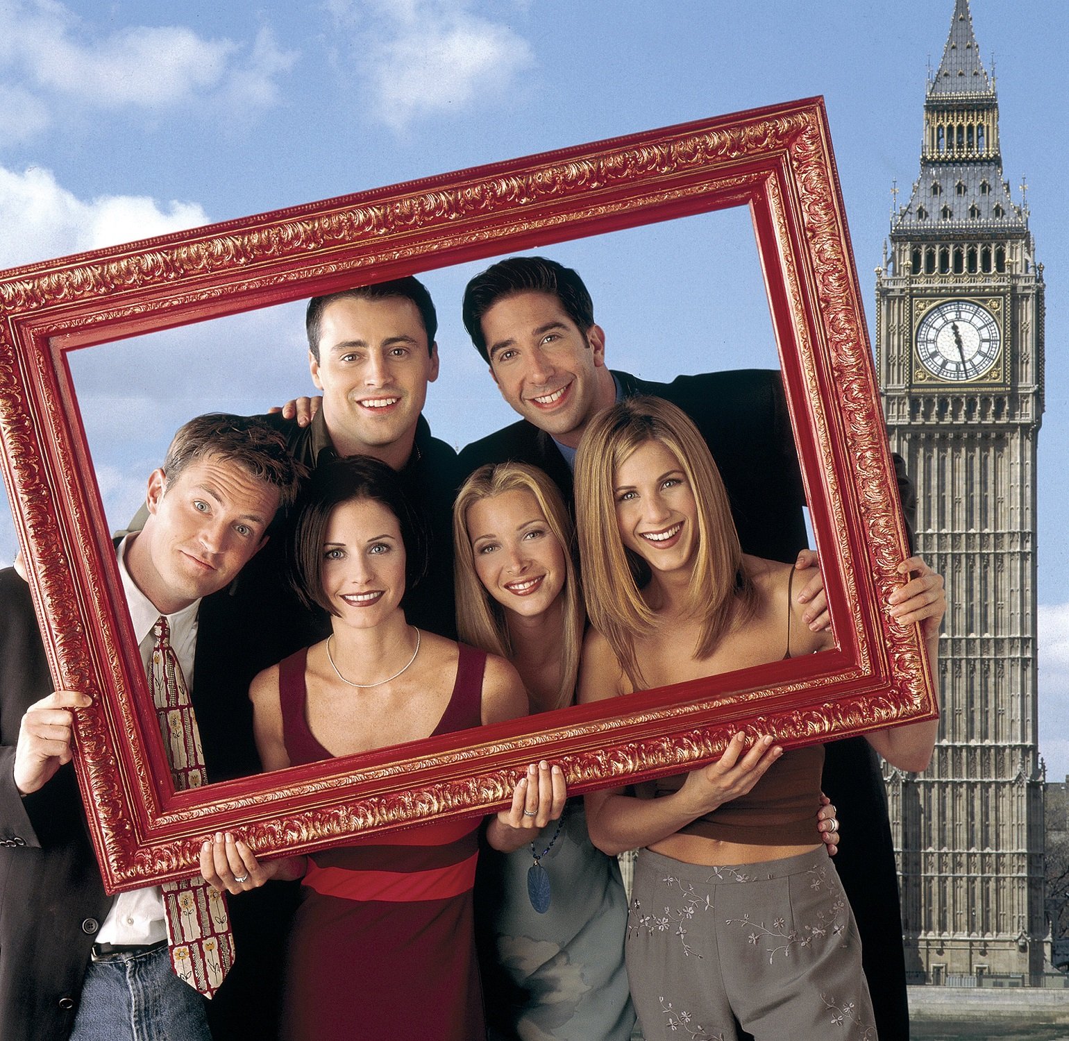 Matthew Perry as Chandler Bing, Matt LeBlanc as Joey Tribbiani, David Schwimmer as Ross Geller, Jennifer Aniston as Rachel Green, Lisa Kudrow as Phoebe Buffay and Courteney Cox as Monica Geller