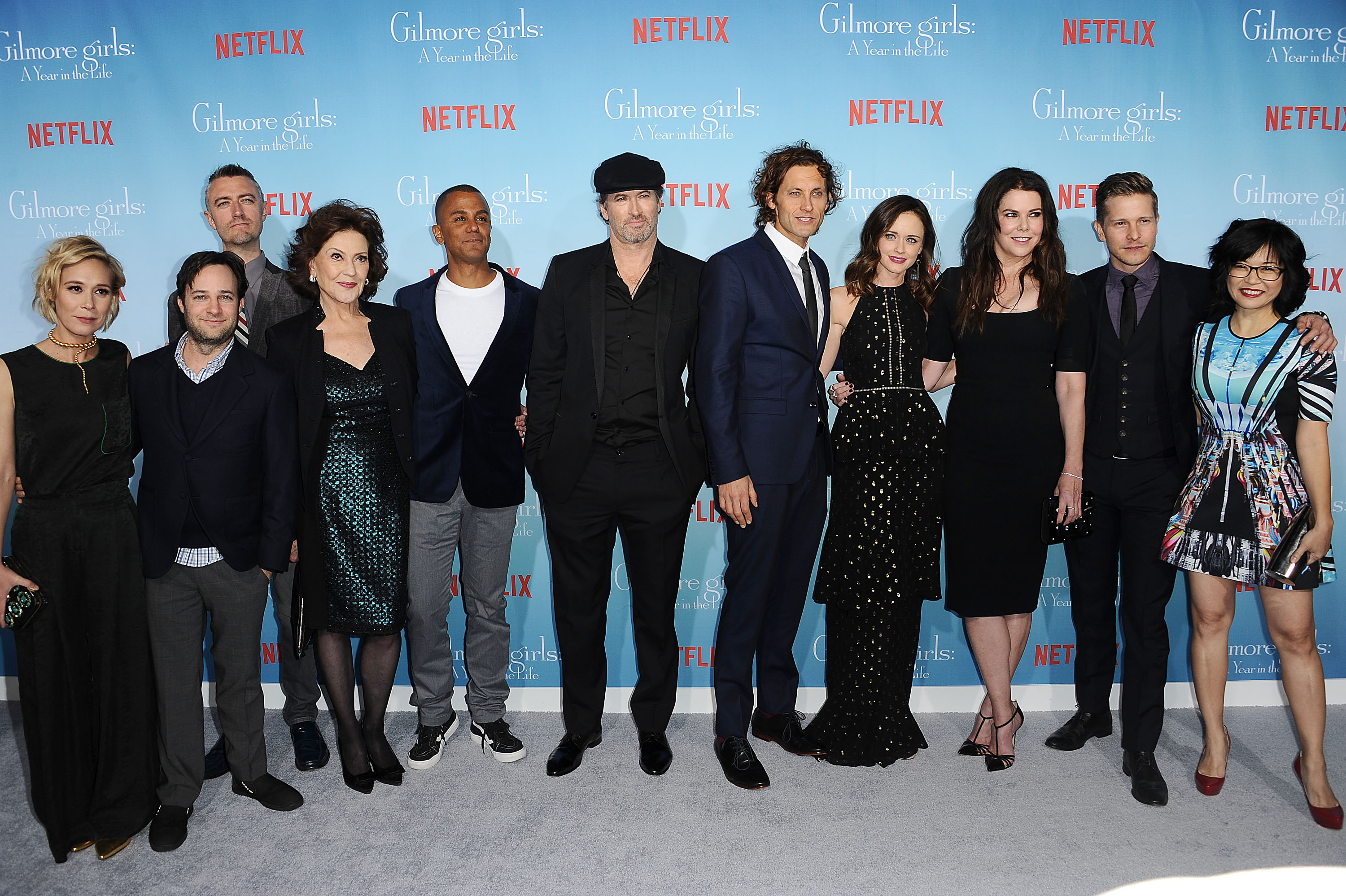 Liza Well, Danny Strong, Sean Gunn, Kelly Bishop, Yanic Truesdale, Scott Patterson, Tanc Sade, Alexis Bledel, Lauren Graham, Matt Czuchry and Keiko Agena attend the premiere of "Gilmore Girls: A Year in the Life" at Regency Bruin Theatre