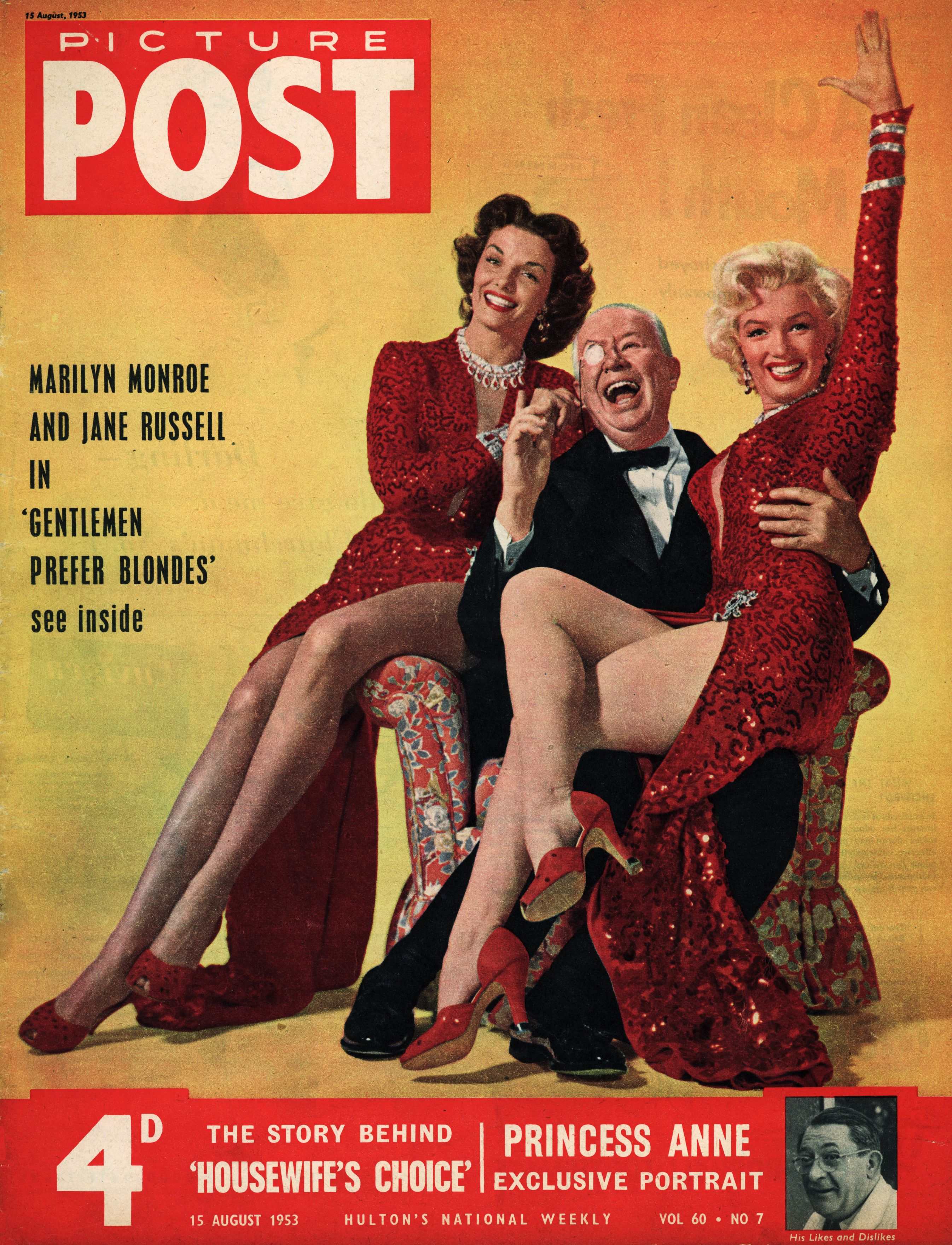 The cover of Picture Post magazine featuring a portrait of American actresses Jane Russell and Marilyn Monroe with Charles Coburn