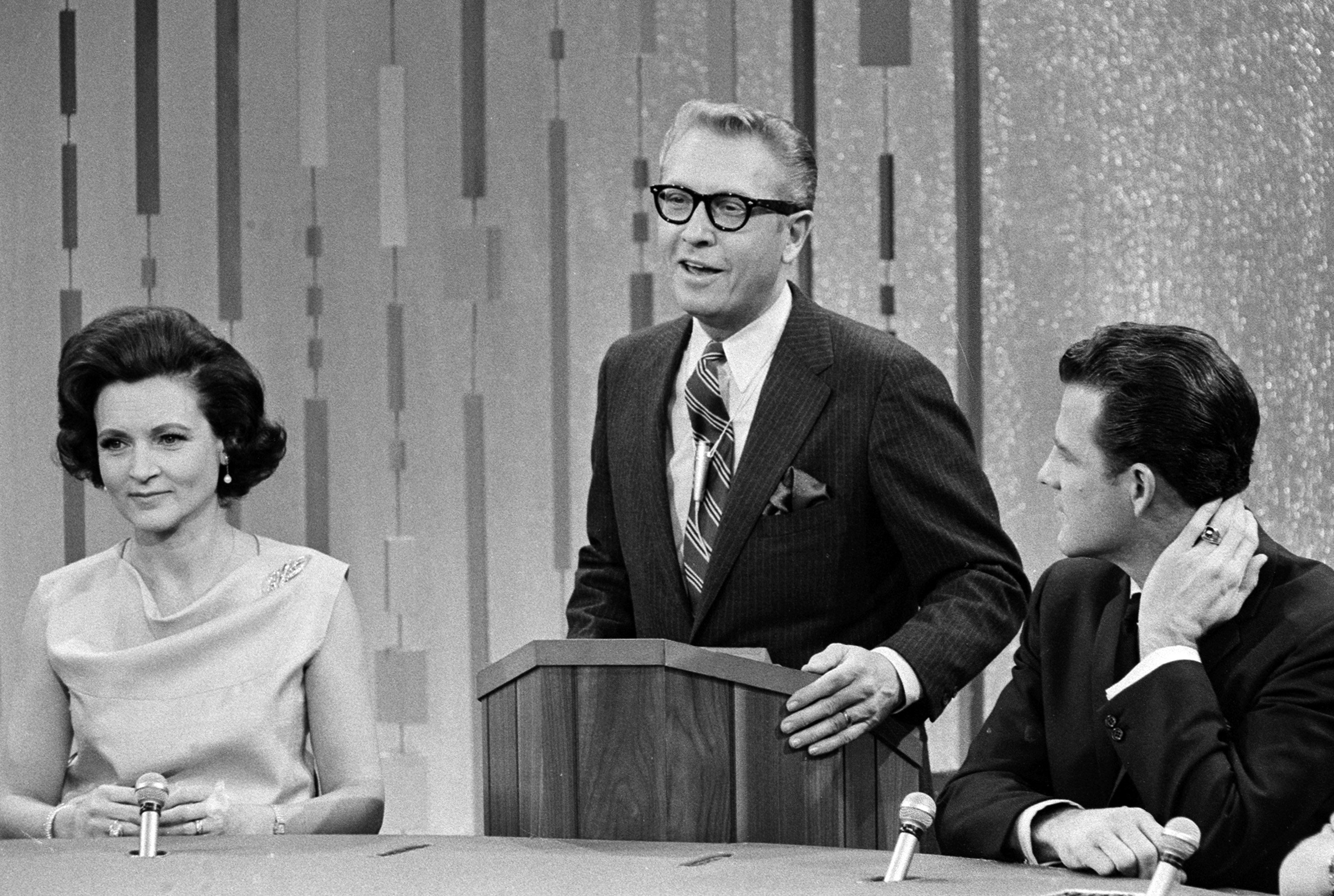 From left to right: Betty White; her husband and host of 'Password,' Allen Ludden; and Frank Gifford on 'Password' in 1967