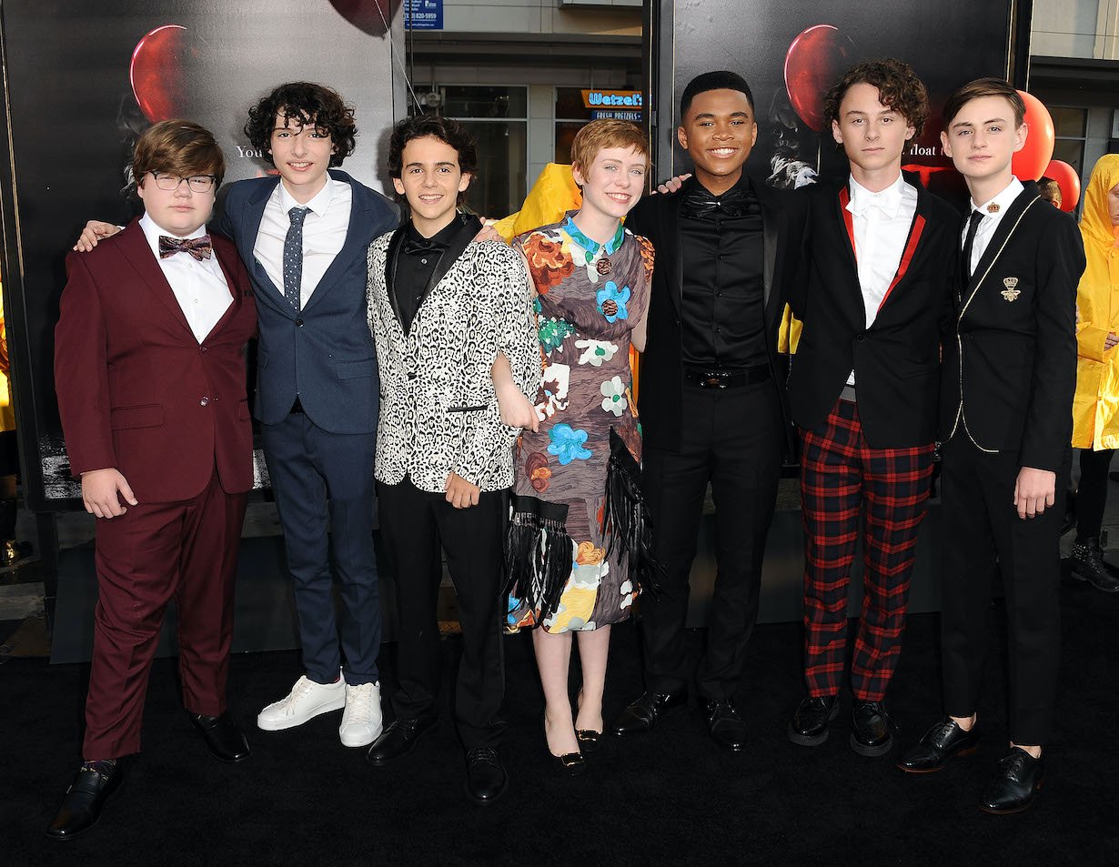 Actors Jeremy Ray Taylor, Finn Wolfhard, Jack Dylan Grazer, Sophia Lillis, Chosen Jacobs, Wyatt Oleff and Jaeden Lieberher attends the premiere of 'It'