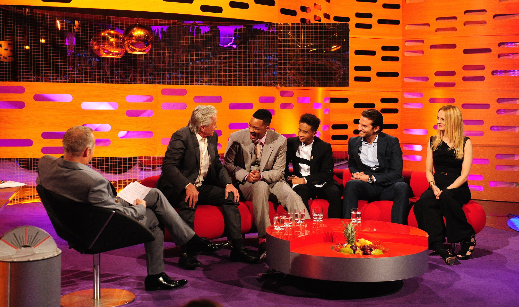 (left to right) Host Graham Norton, Michael Douglas, Will and Jaden Smith, Bradley Cooper, and Heather Graham