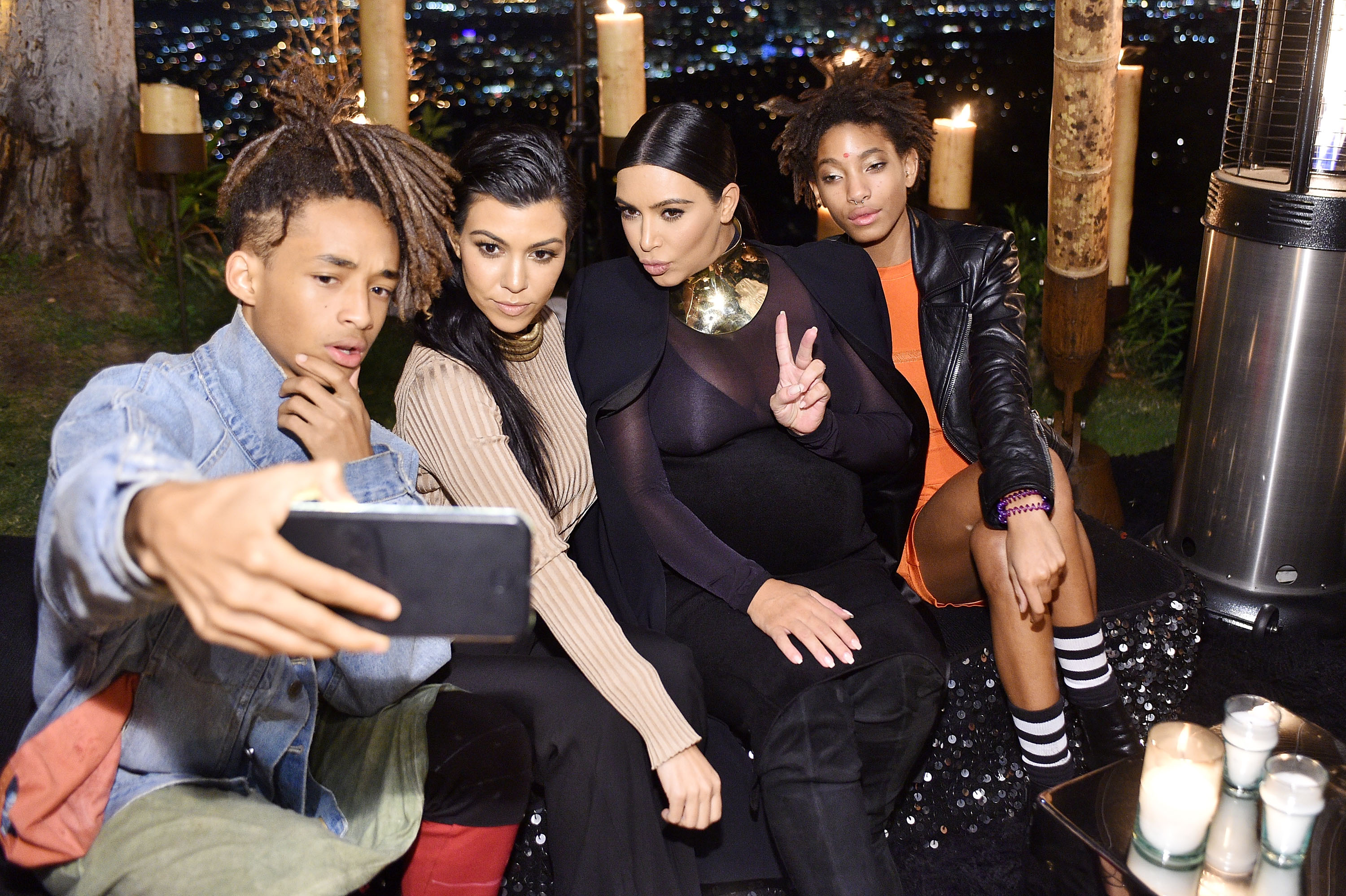(L-R) Jaden Smith, Kourtney Kardashian, Kim Kardashian West and Willow Smith attend Olivier Rousteing & Beats Celebrate In Los Angeles at Private Residence on October 23, 2015 in Los Angeles, California.
