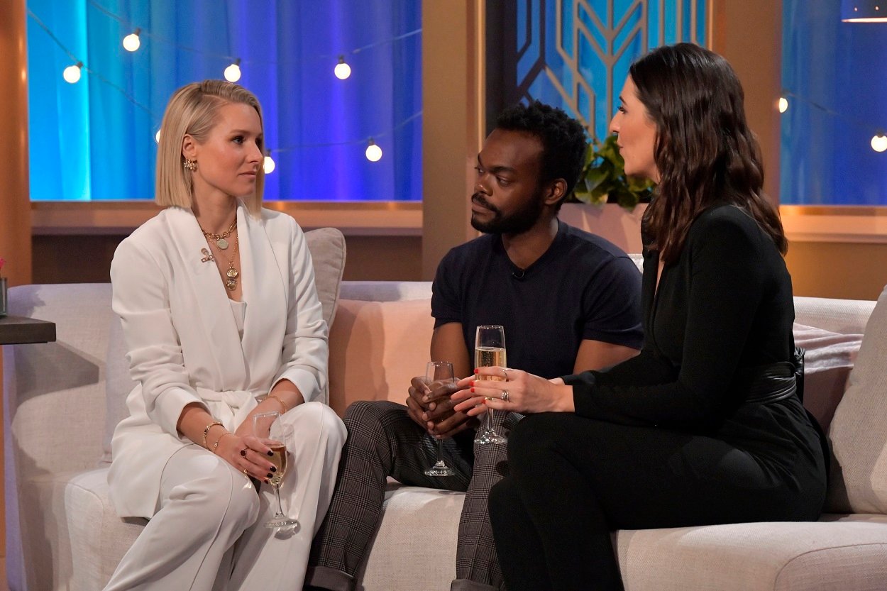 The Good Place cast members Kristen Bell, William Jackson Harper, and D'Arcy Carden