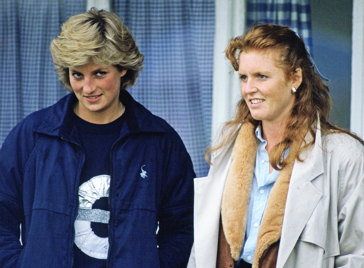 Princess Diana and Sarah Ferguson stand next to each other at a polo match