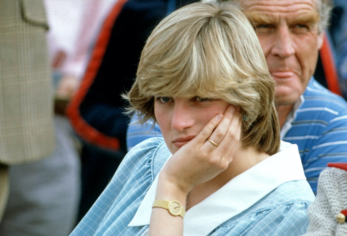 Diana, Princess of Wales, wearing a a pale green maternity dress with a white collar by Catherine Walker, while pregnant with Prince William, attends a Polo match on May 15, 1982 in Hampshire, United Kingdom