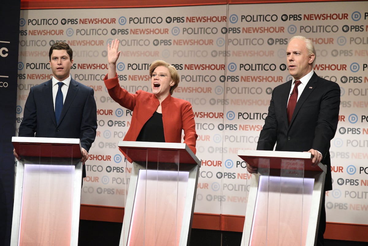 Colin Jost as Pete Buttigieg, Kate McKinnon as Elizabeth Warren, and Jason Sudeikis as Joe Biden