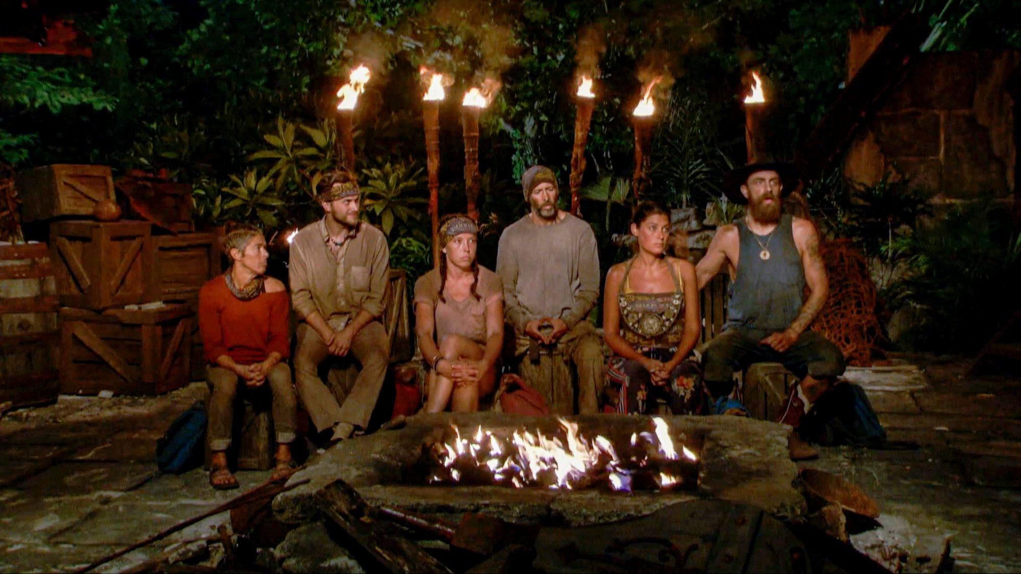 (L-R) Denise Stapley, Nick Wilson, Sarah Lacina, Tony Vlachos, Michele Fitzgerald and Ben Driebergen at Tribal Council on 'Survivor'