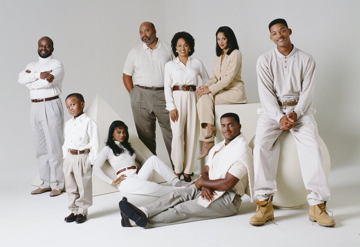 Joseph Marcell as Geoffrey, James Avery as Philip Banks, Daphne Reid as Vivian Banks, Karyn Parsons as Hilary Banks, Will Smith as William 'Will' Smith; Front: Ross Bagley as Nicky Banks, Tatyana Ali as Ashley Banks, Alfonso Ribeiro as Carlton Banks