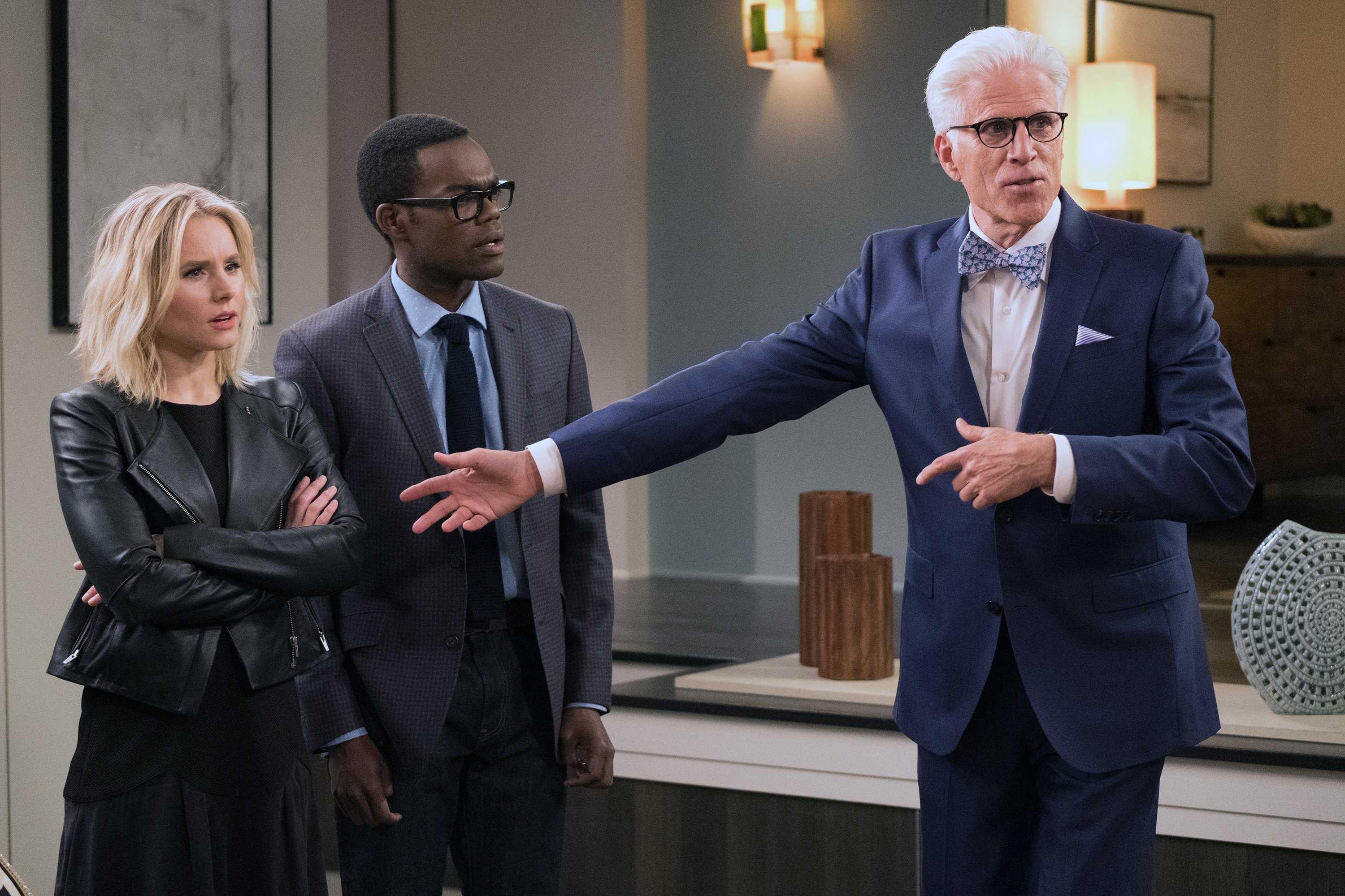 'The Good Place' stars Kristen Bell, William Jackson Harper, and Ted Danson