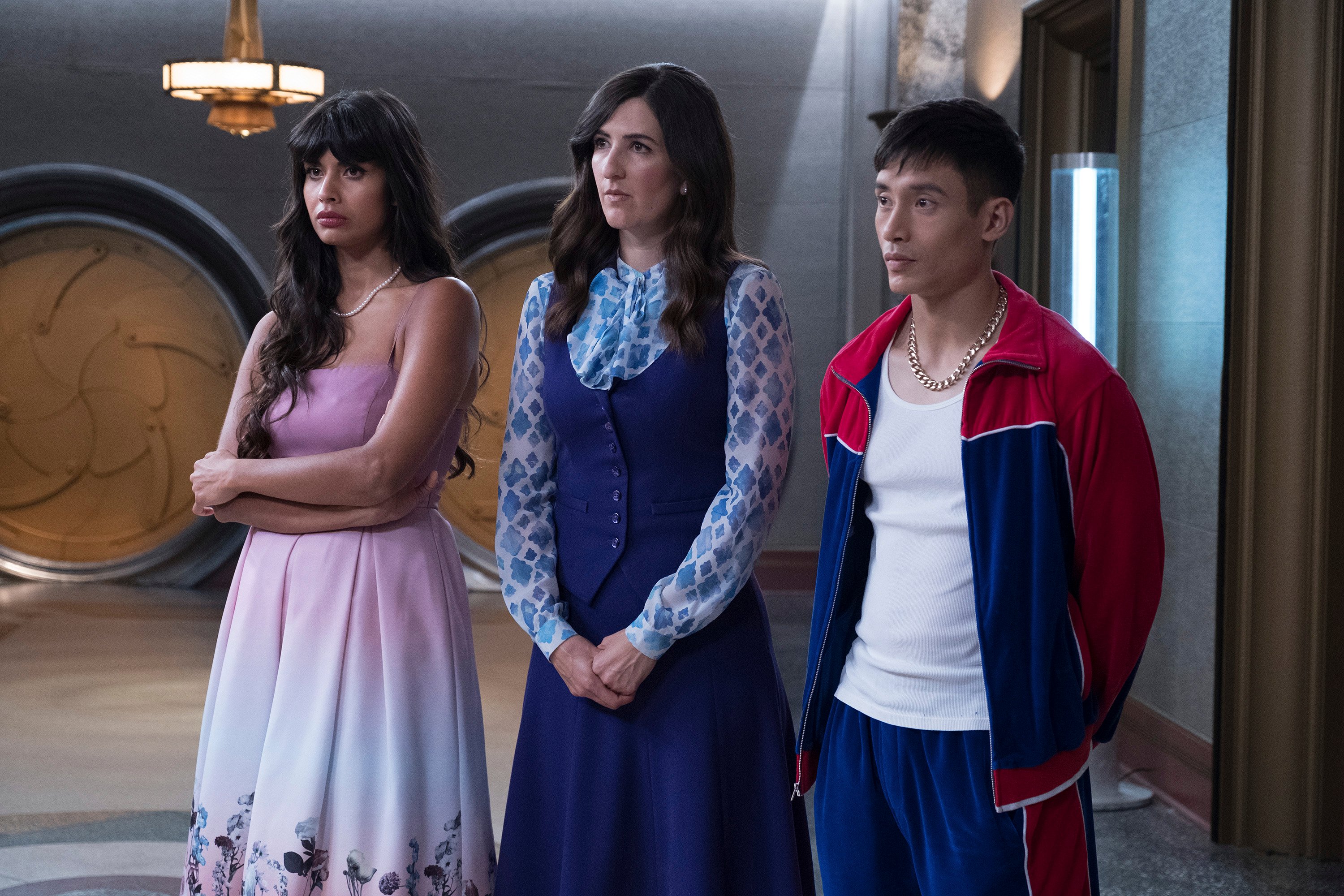 The Good Place stars Jameela Jamil, D'Arcy Carden, and Manny Jacinto