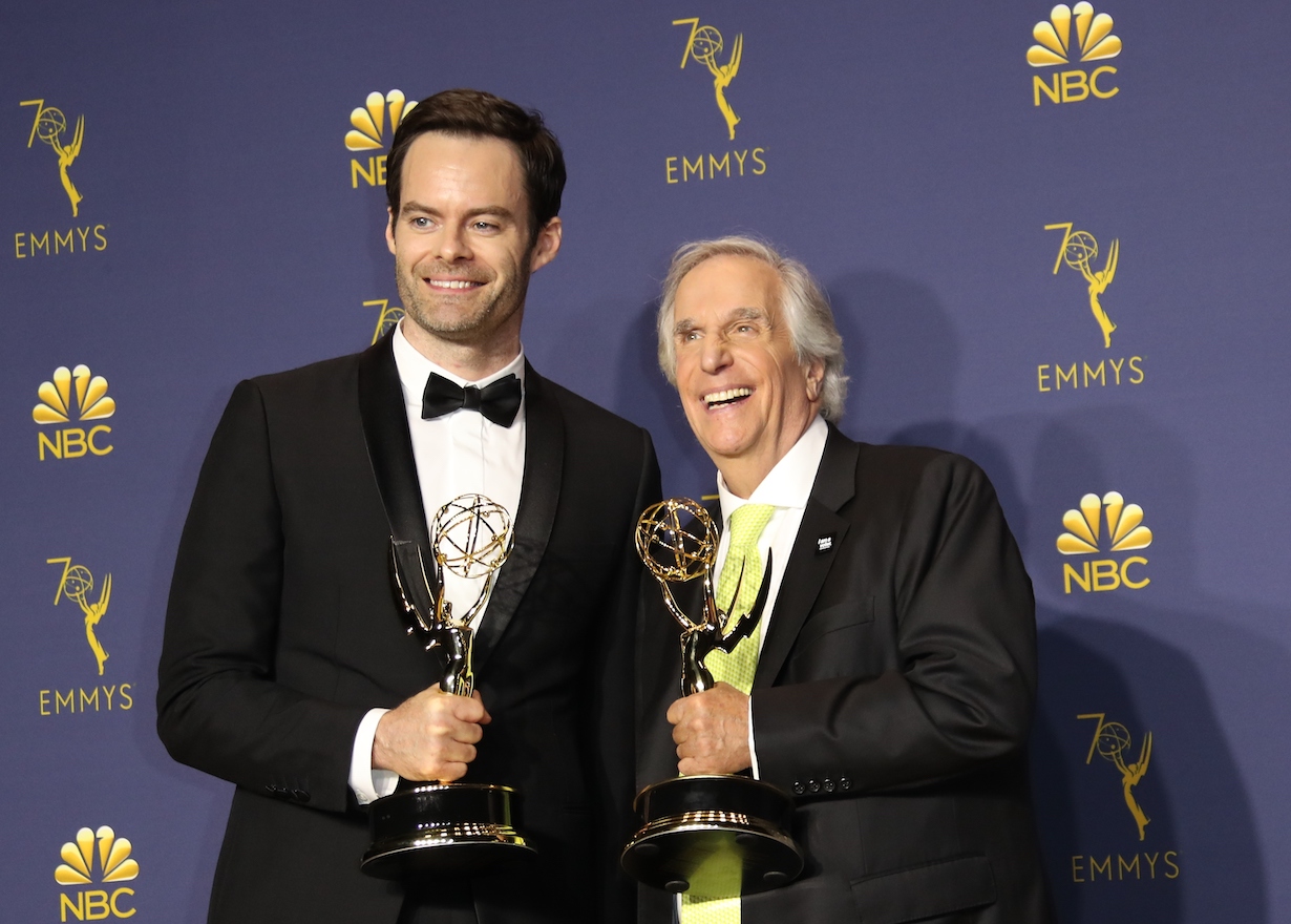 Bill Hader and Henry Winkler pose with their Outstanding Lead Actor in a Comedy Series and Outstanding Supporting Actor in a Comedy Series awards for 'Barry'