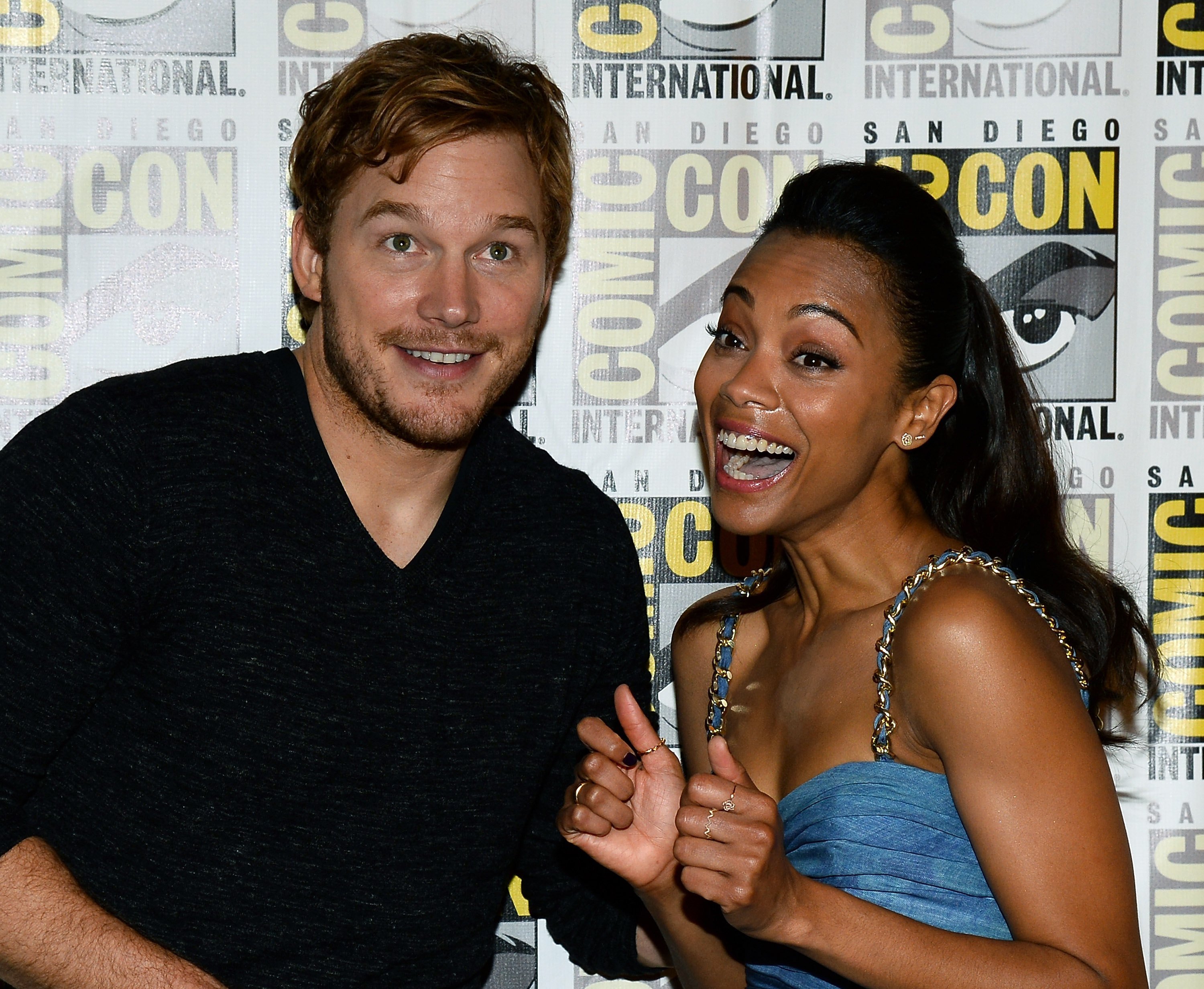 Chris Pratt (L) and Zoe Saldana attend Marvel's 'Guardians of the Galaxy' press line during Comic-Con International 2013