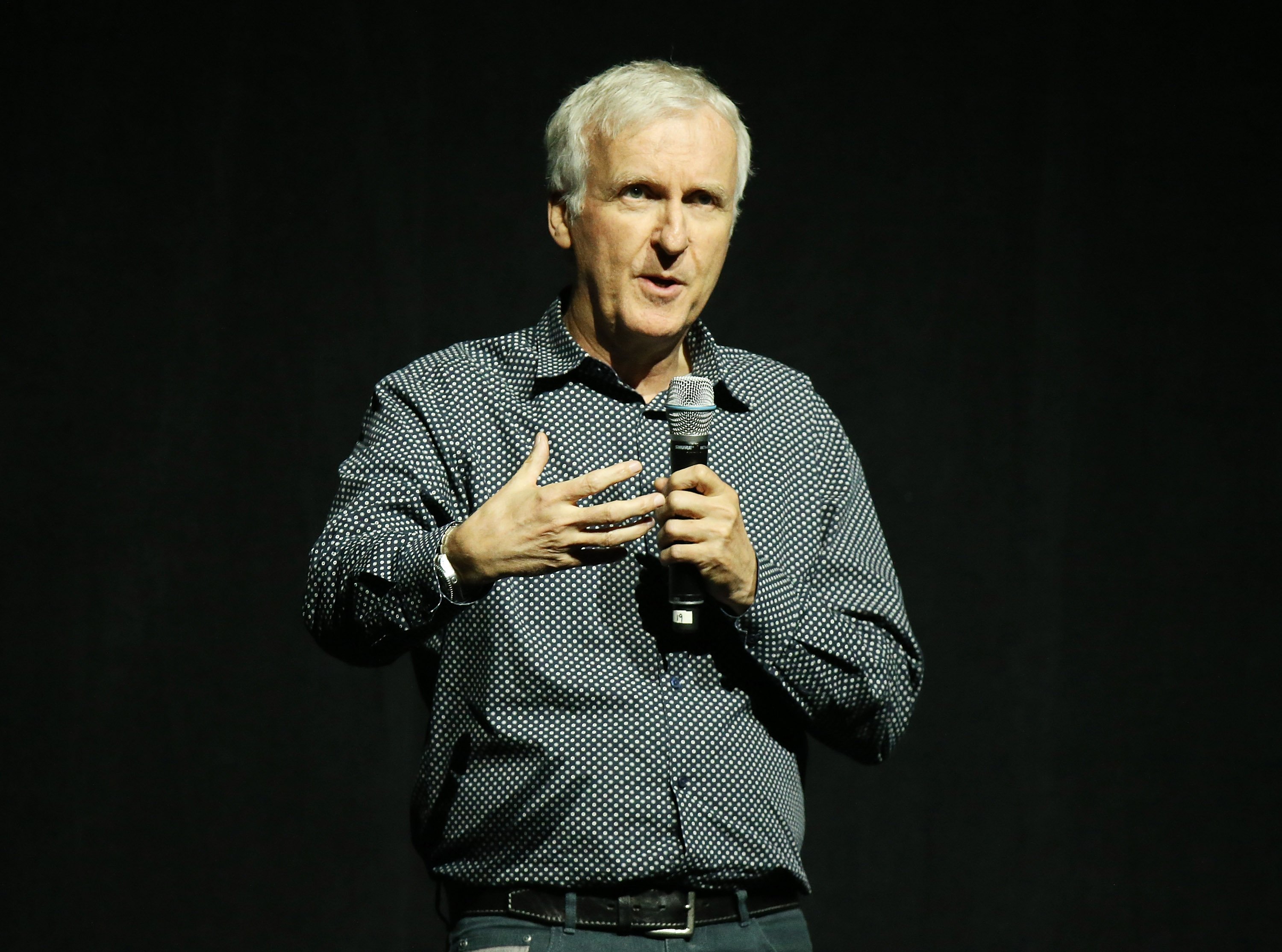 James Cameron with a microphone