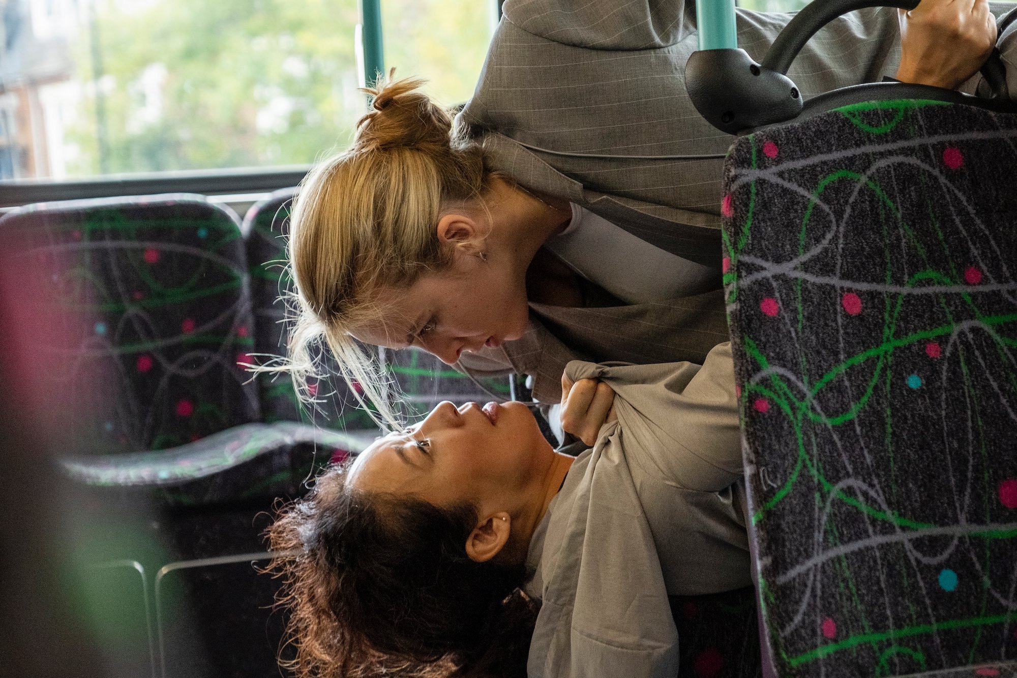 Sandra Oh as Eve Polastri and Jodie Comer as Villanelle in 'Killing Eve' during the now-famous bus scene.