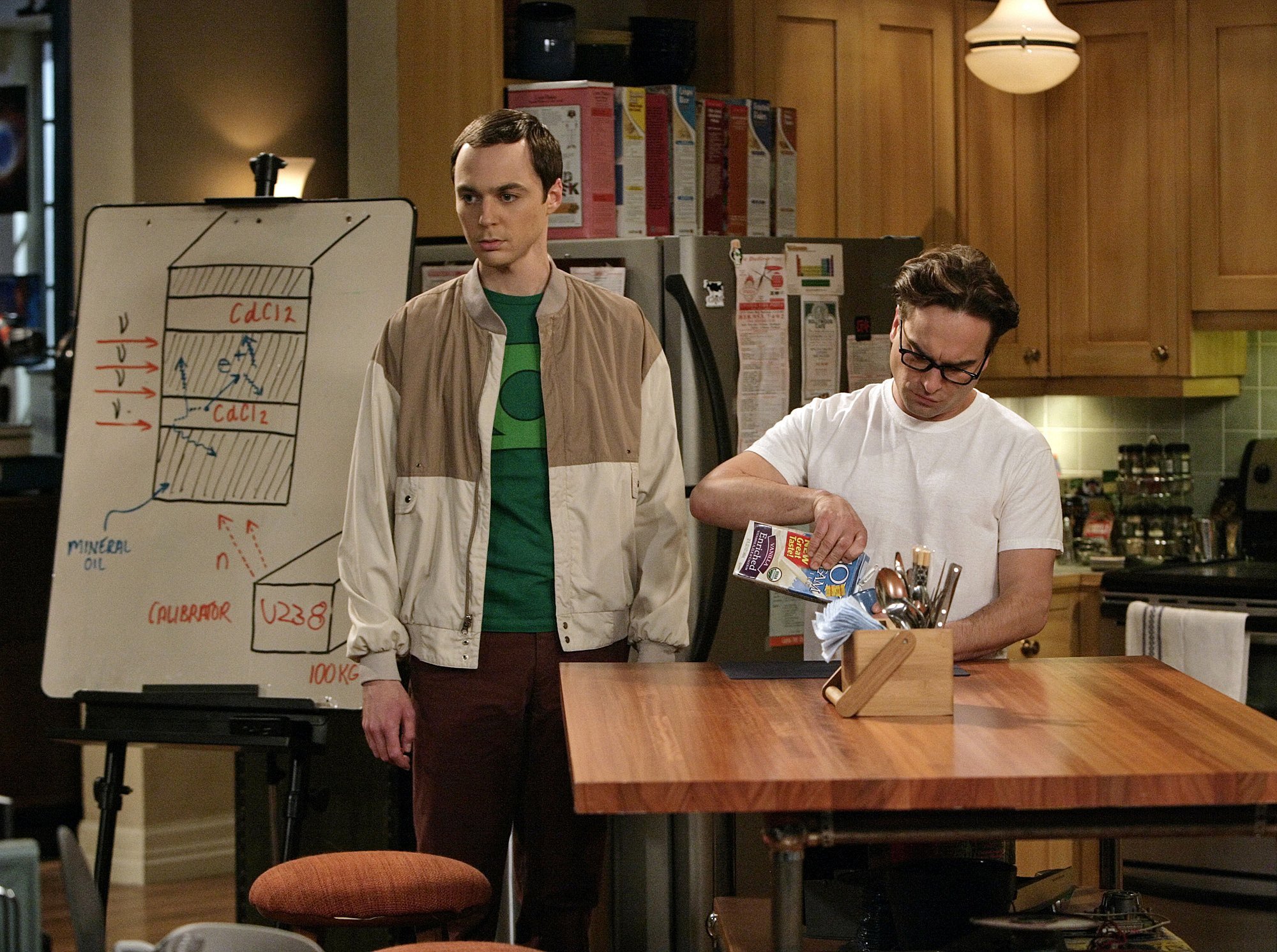 Johnny Galekcki as Leonard Hofstadter and Jim Parsons as Sheldon Cooper stand in their kitchen