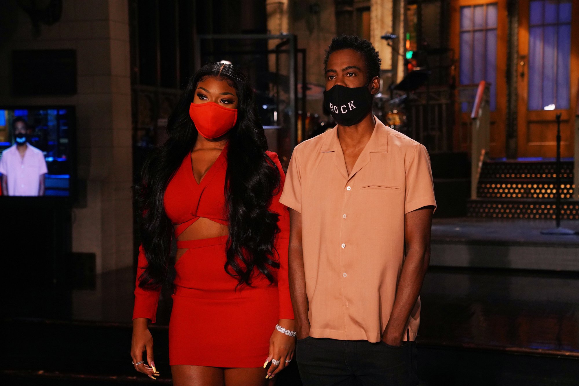 Megan Thee Stallion and Chris Rock during a promo for Oct. 3's 'Saturday Night Live' episode.