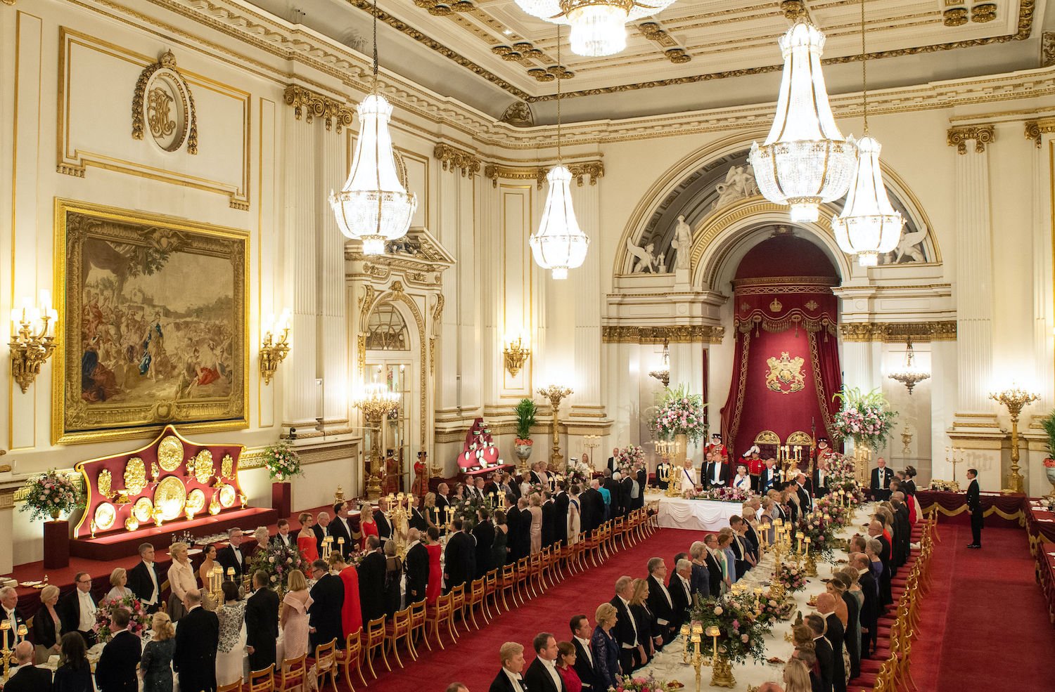 Queen Elizabeth II hosts US President Donald Trump and US First Lady Melania Trump for a State Banquet in the ballroom at Buckingham Palace in central London on June 3, 2019