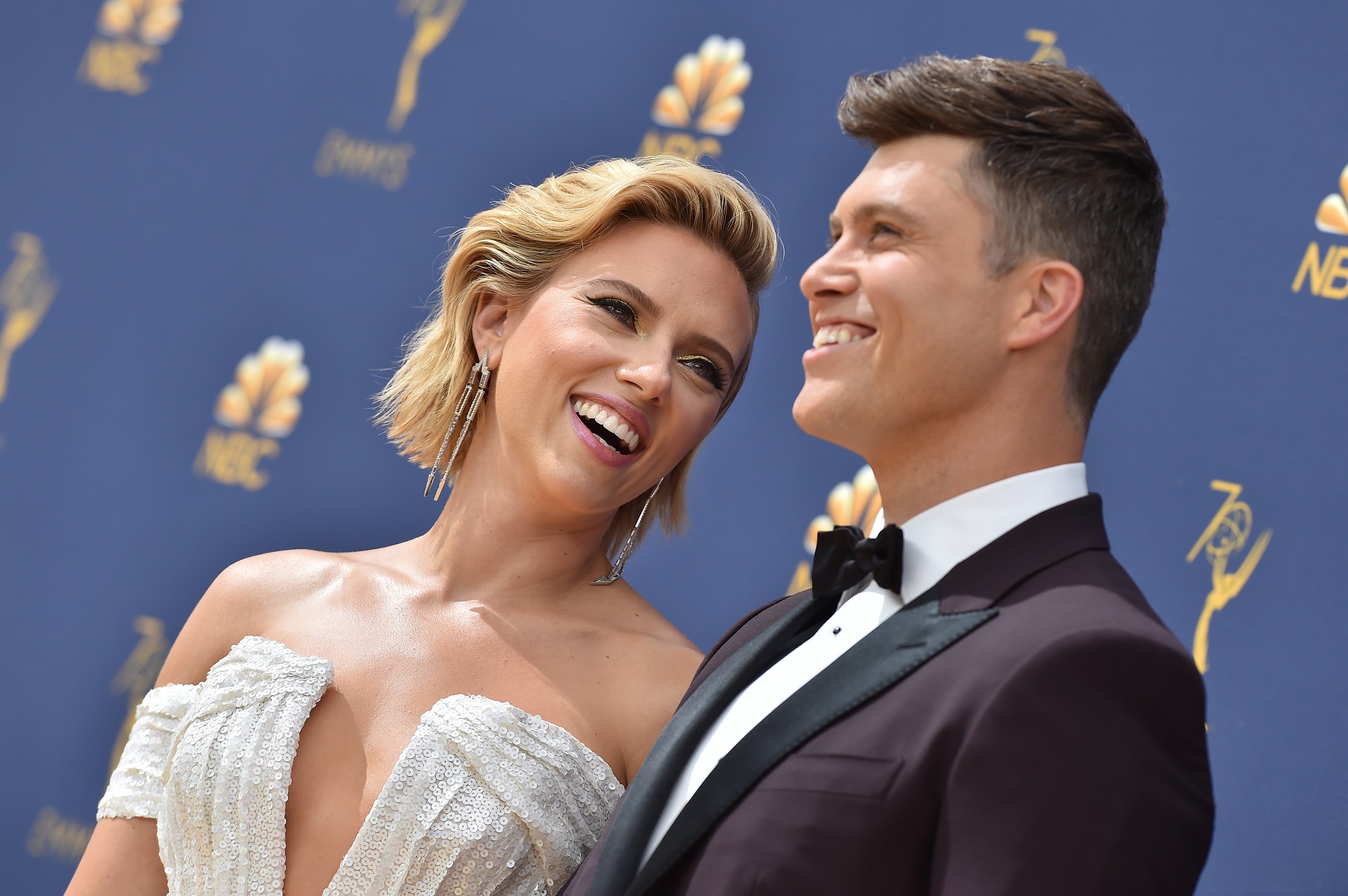 Scarlett Johansson and Colin Jost attend the 70th Emmy Awards on September 17, 2018