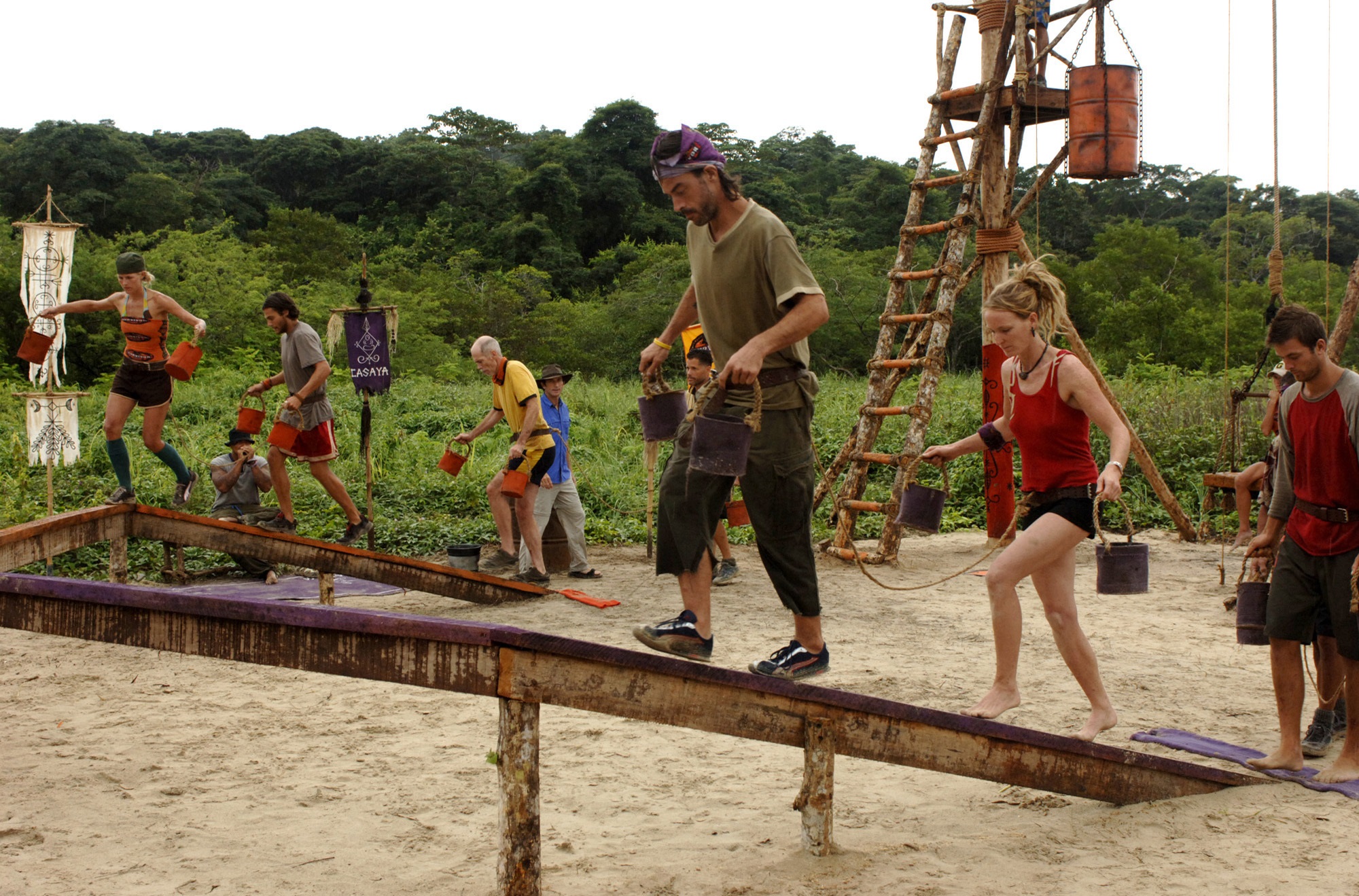 Sally Schumann, Bobby Mason, Austin Carty, Dan Barry, Jeff Probst, Terry Deitz, Shane Powers, Courtney Marit and Aras Baskauskas of Survivor