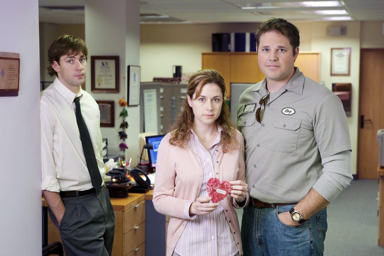 John Krasinski as Jim Halpert, Jenna Fischer as Pam Beesly, and David Denman as Roy Anderson on 'The Office' 