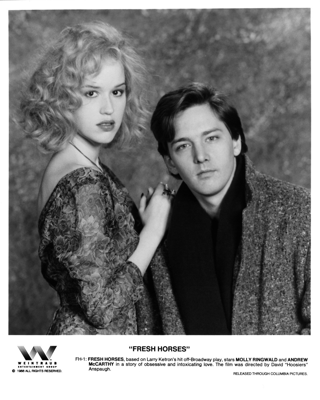 Actress Molly Ringwald and actor Andrew McCarthy pose for the movie " Fresh Horses ", circa 1988