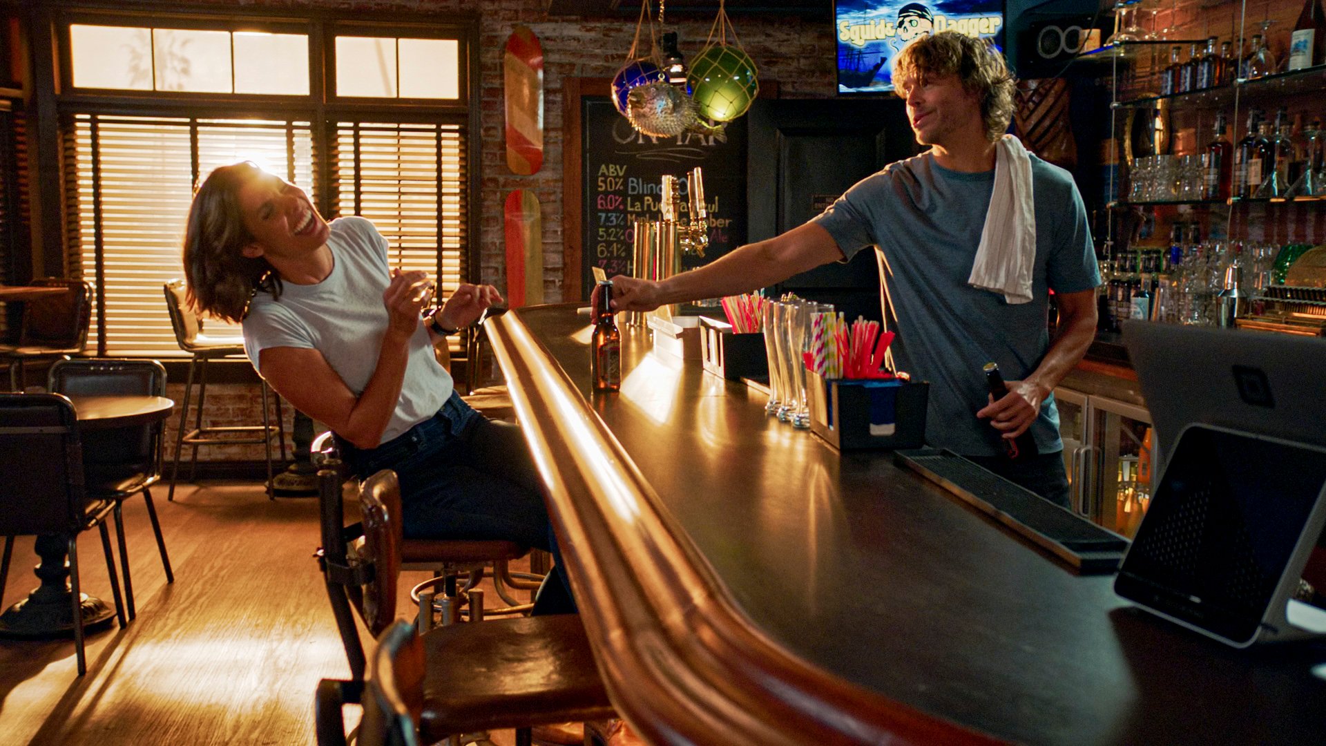 Daniela Ruah and Eric Christian Olsen on the set of NCIS: Los Angeles | CBS via Getty Images