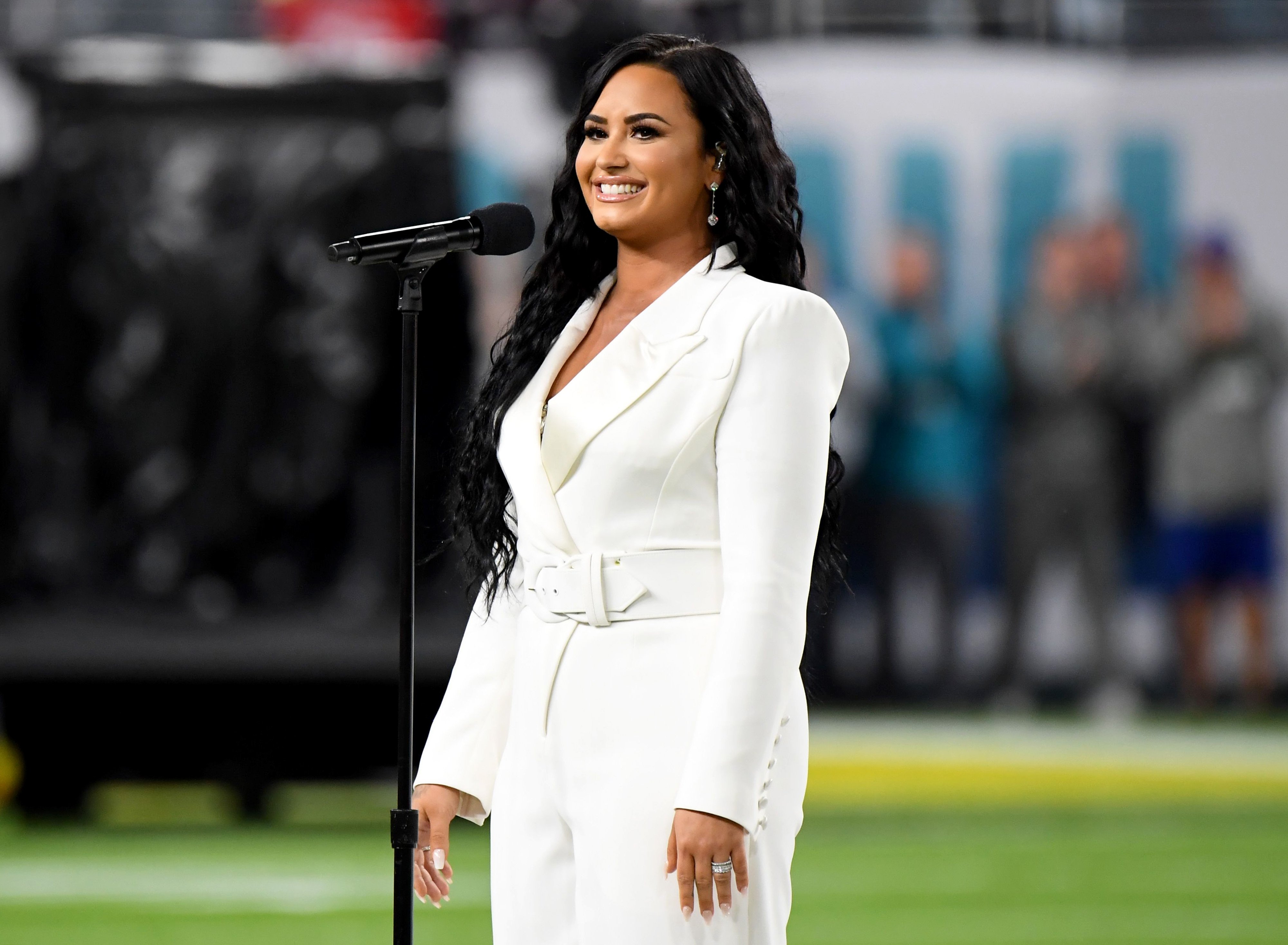 Demi Lovato performs the National Anthem onstage during Super Bowl LIV at Hard Rock Stadium on February 02, 2020 in Miami Gardens, Florida.