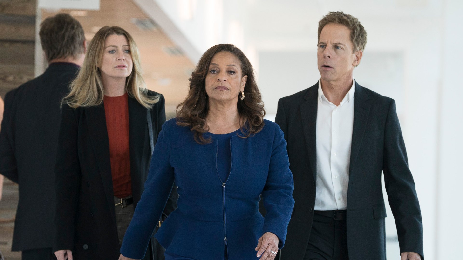 Ellen Pompeo as Meredith Grey, Debbie Allen as Catherine Fox, and Greg Germann as Tom Koracick on 'Grey's Anatomy'