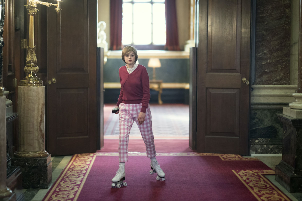 Emma Corrin rollerskates as Princess Diana in 'The Crown' Season 4