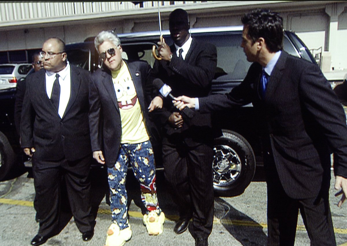 Jay Leno arrives to the studio to film "Tonight Show" on March 10, 2005.  Leno is wearing Sponge Bob Square Pants pajamas, bunny slippers and is flanked by bodyguards to parody Michael Jackson's arrival to the courthouse in Santa Maria